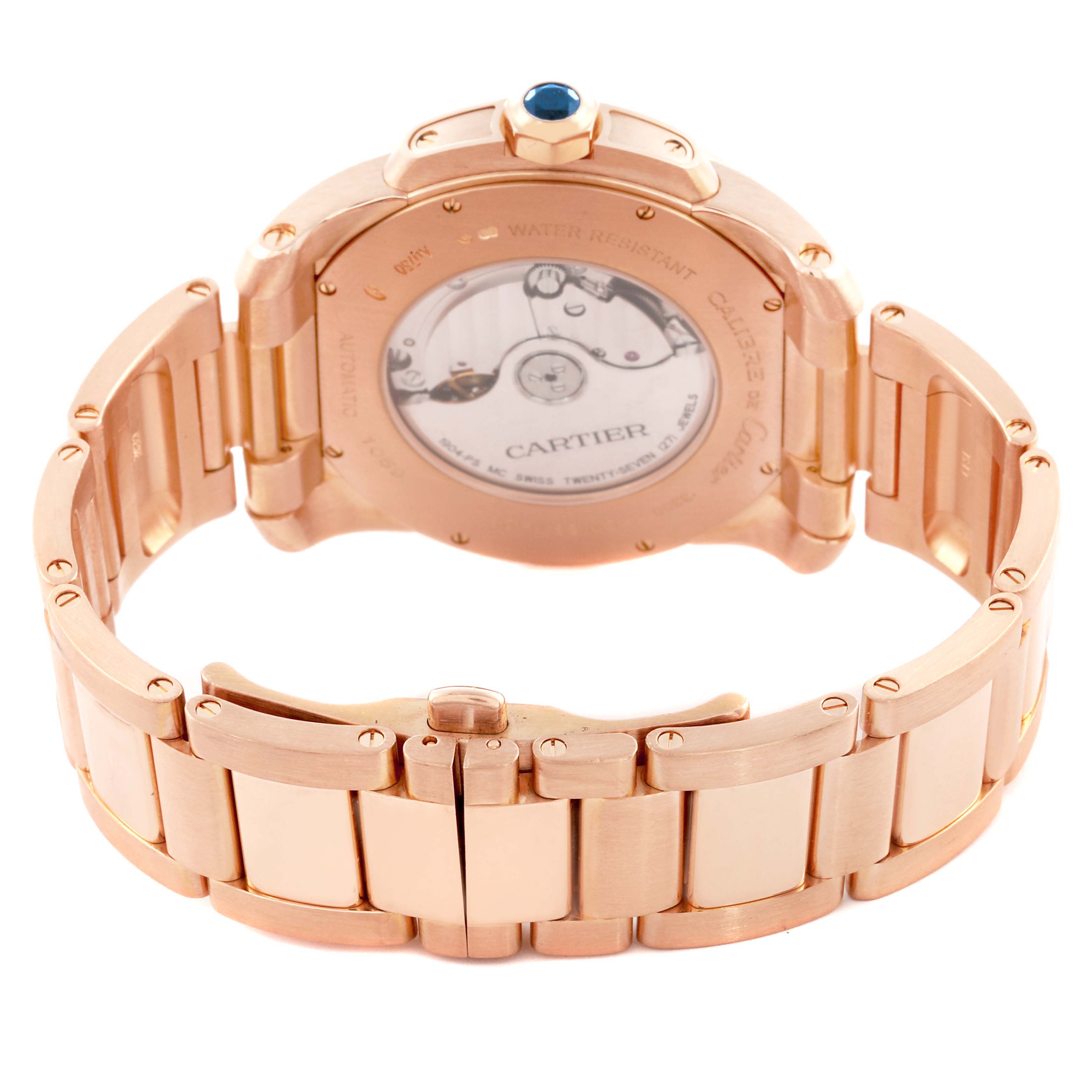 The image shows the back view of the Calibre de Cartier watch, highlighting its rose gold bracelet and transparent case back.