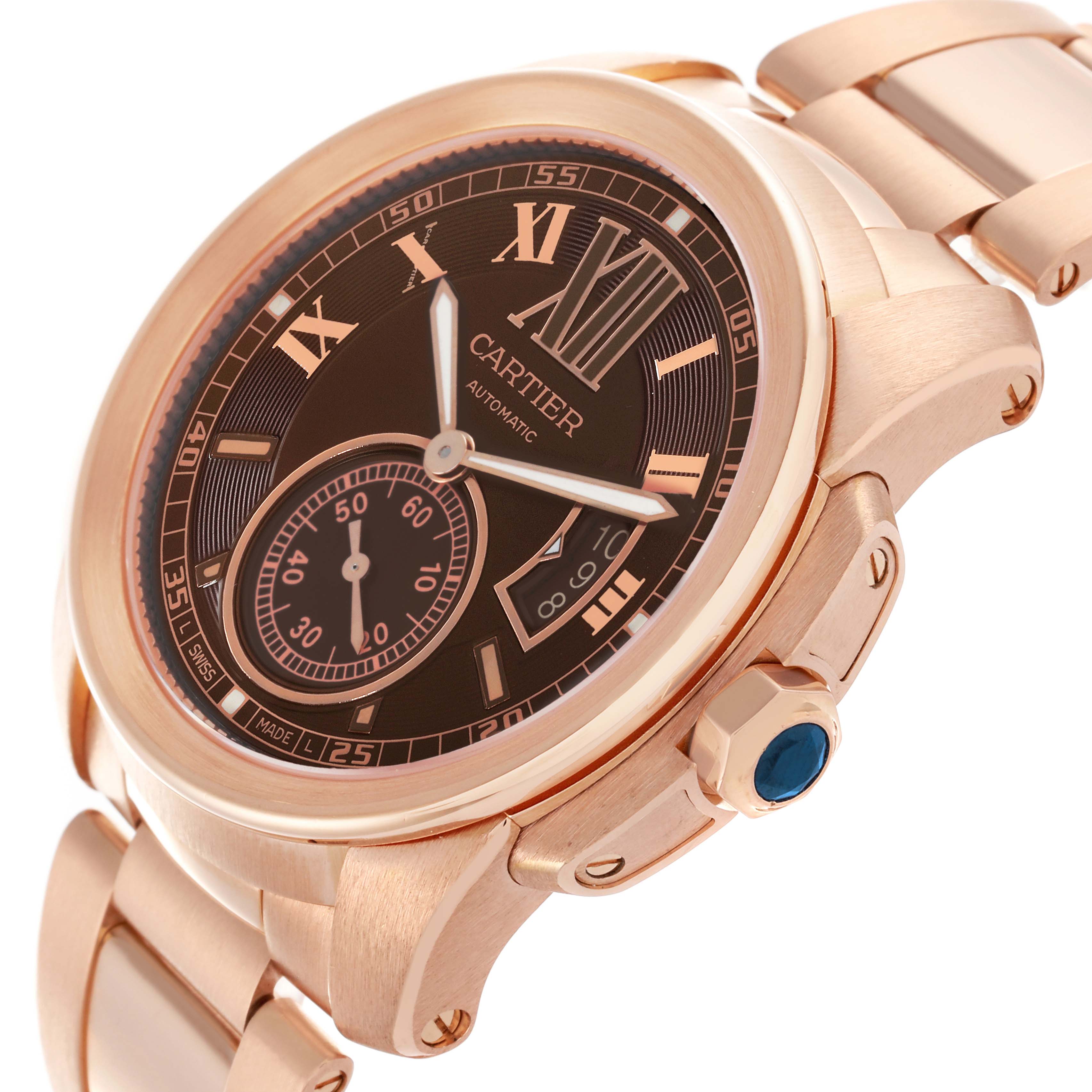 The Calibre de Cartier watch by Cartier is shown at an oblique angle, featuring its face, bezel, crown, and part of the bracelet.