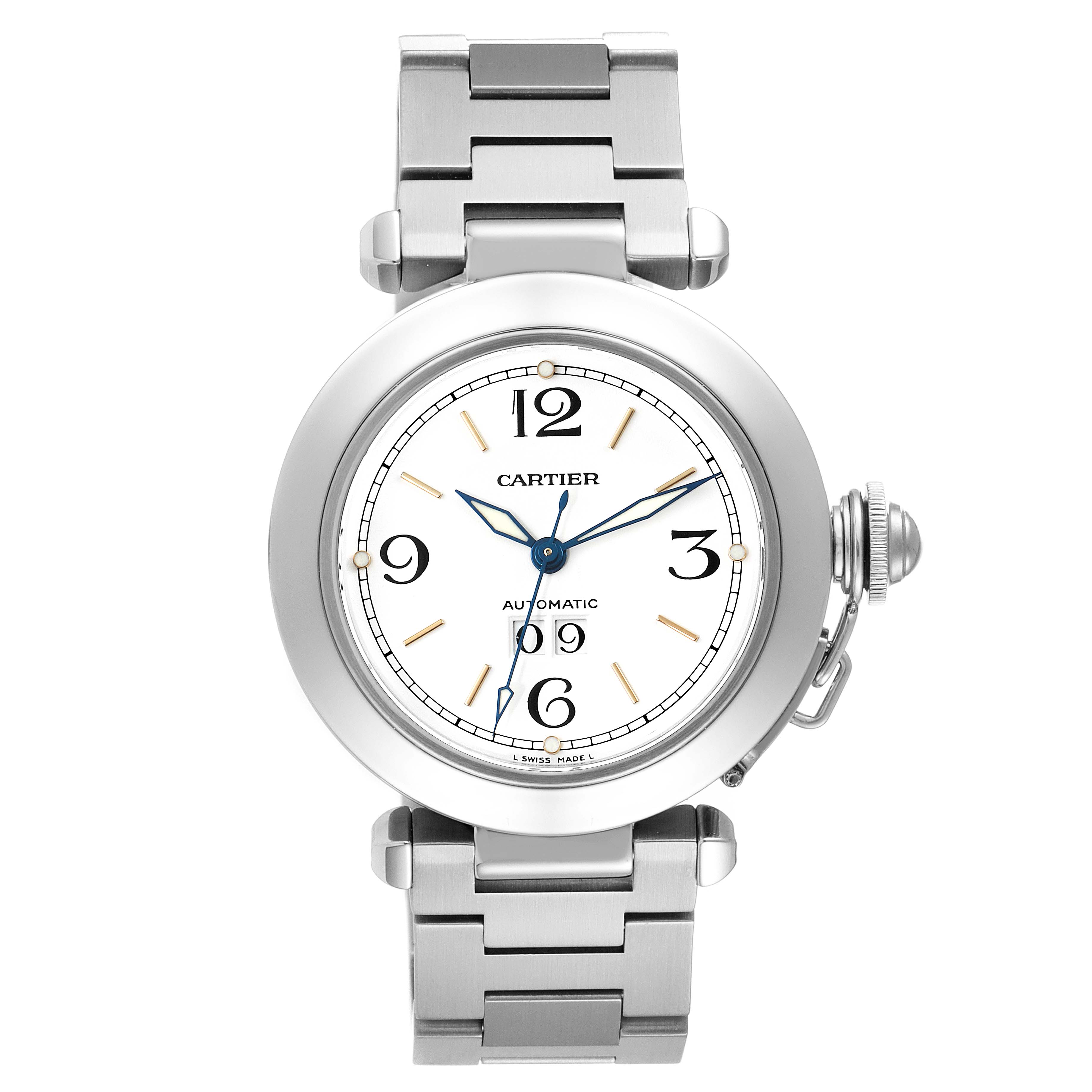 Front view of the Cartier Pasha W31044M7 Women's Stainless Steel White Dial W31044M7 Women's Stainless Steel White Dial model watch, showing the dial, numerals, hands, and metal strap.