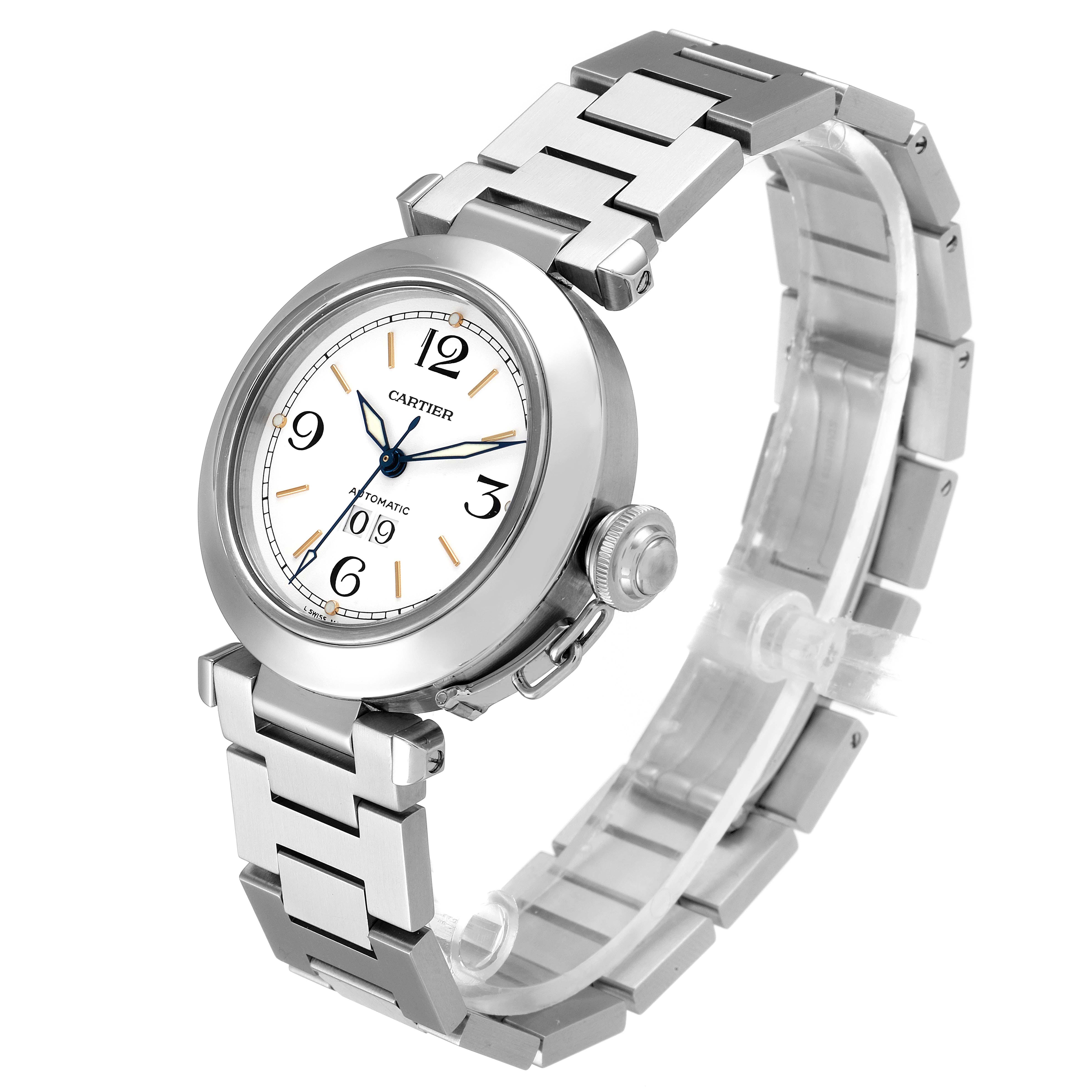 The image shows a Cartier Pasha W31044M7 Women's Stainless Steel White Dial W31044M7 Women's Stainless Steel White Dial model watch at a slight angle, displaying the face, band, and crown.
