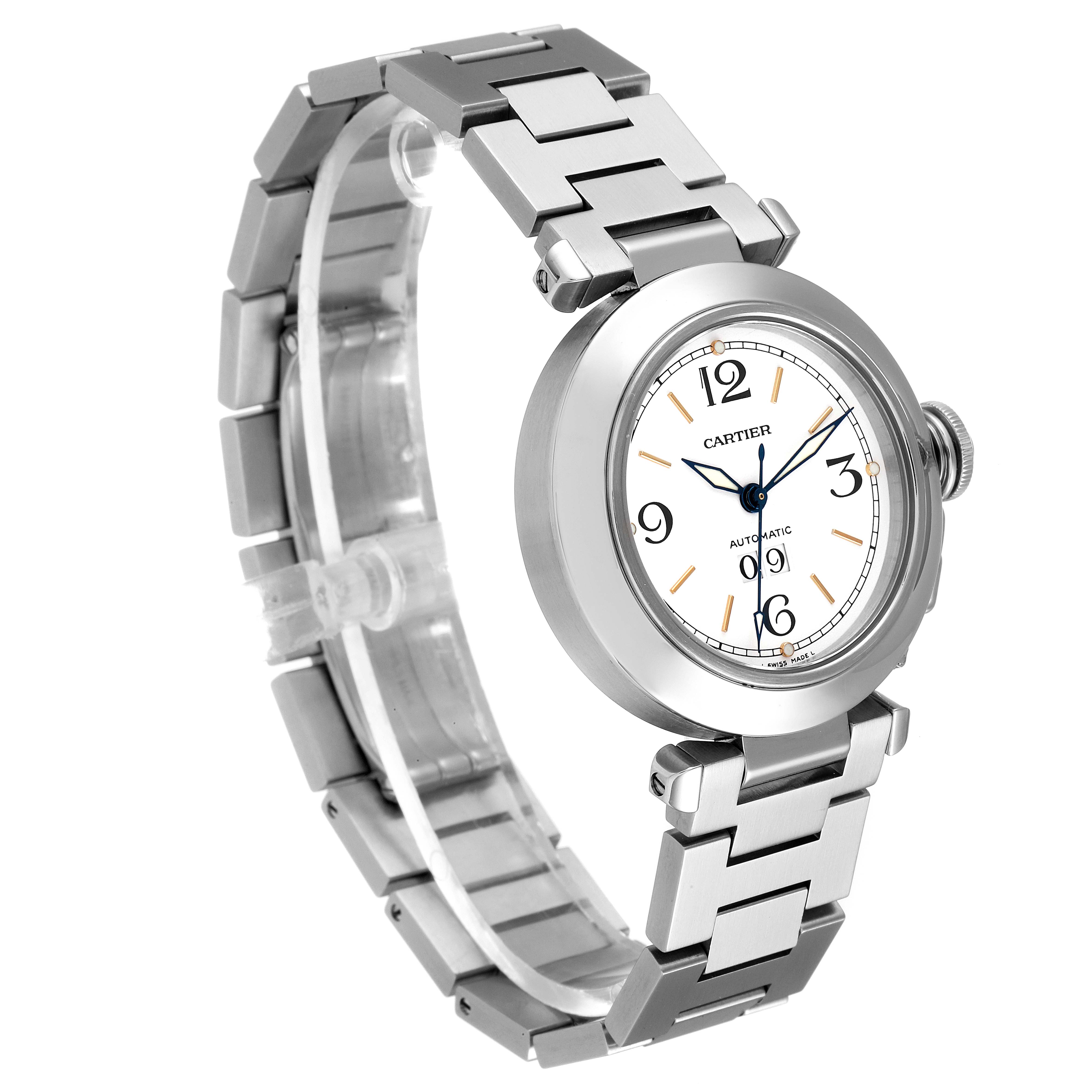 The image shows a side angle view of a Cartier Pasha W31044M7 Women's Stainless Steel White Dial W31044M7 Women's Stainless Steel White Dial watch, highlighting its metal bracelet and crown.