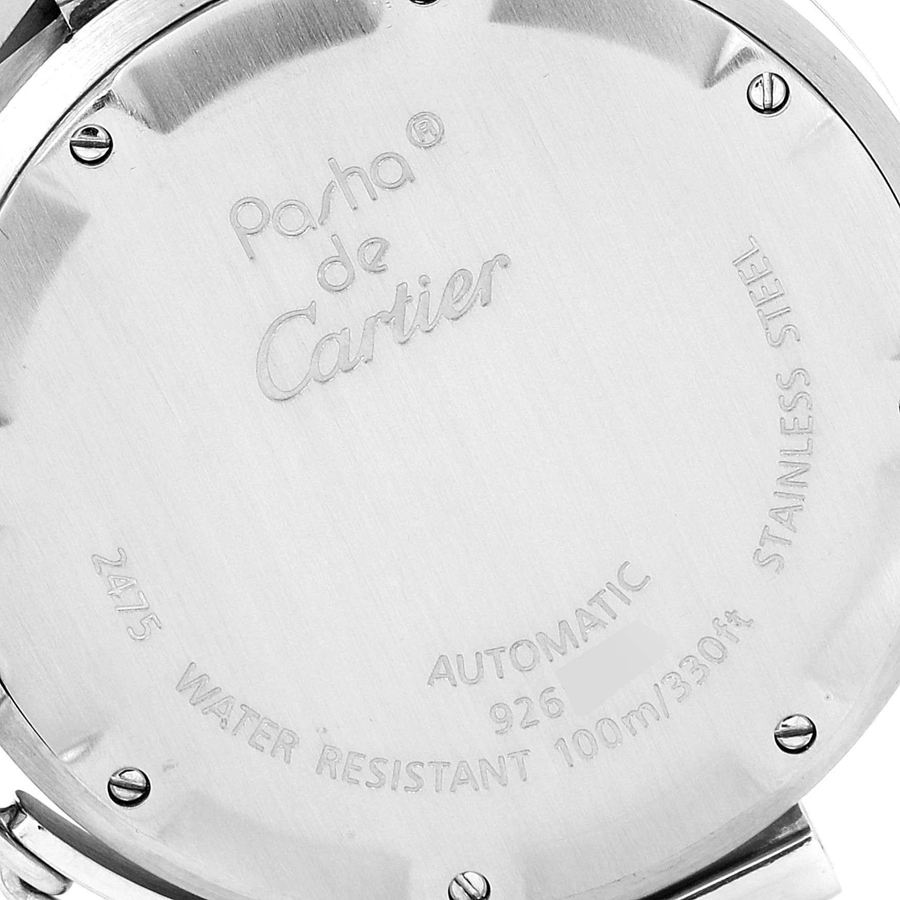 This image shows the backside of the Cartier Pasha W31044M7 Women's Stainless Steel White Dial W31044M7 Women's Stainless Steel White Dial watch, displaying engravings, screws, and specifications.