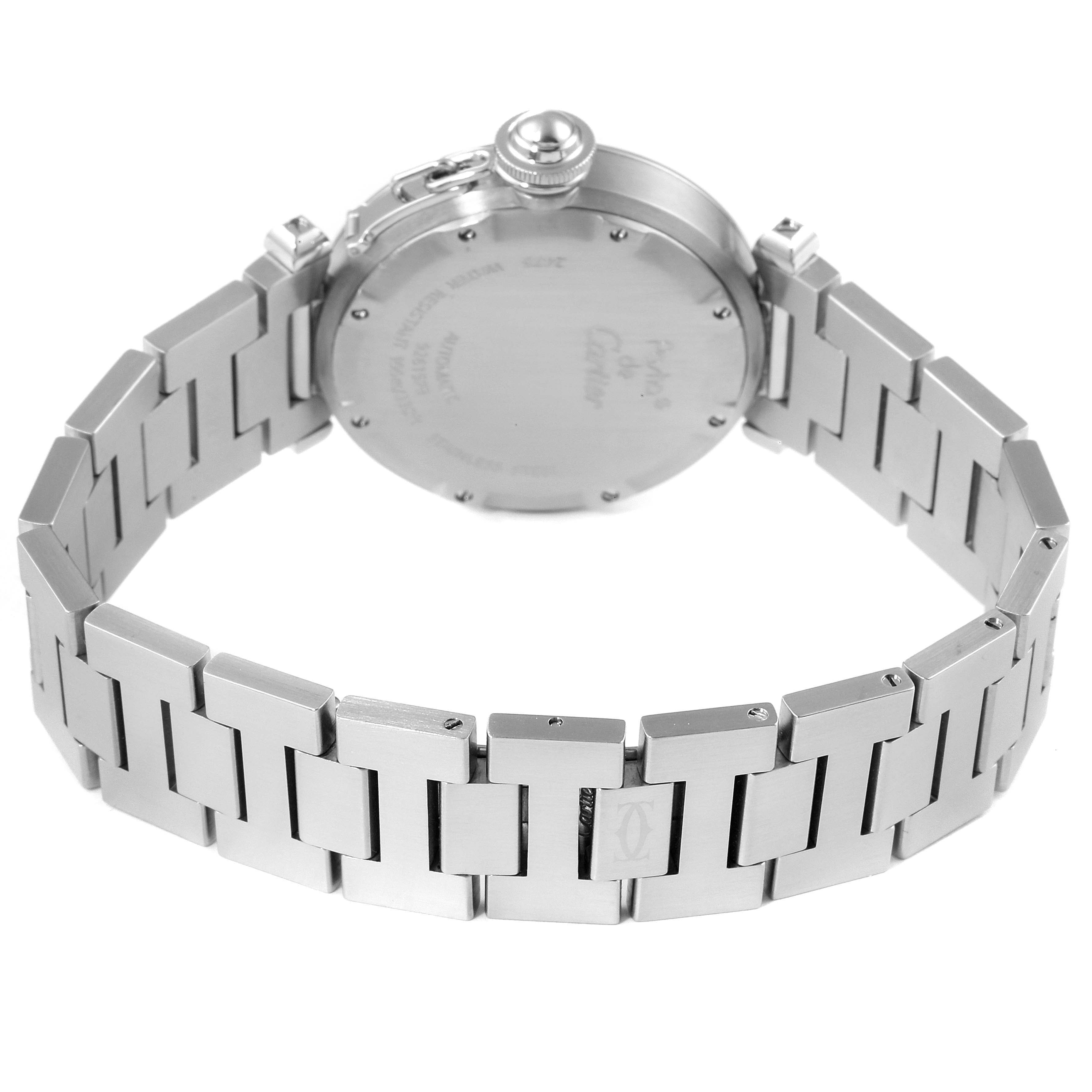 The image shows the back and bracelet of the Cartier Pasha W31044M7 Women's Stainless Steel White Dial W31044M7 Women's Stainless Steel White Dial watch at a slight angle.