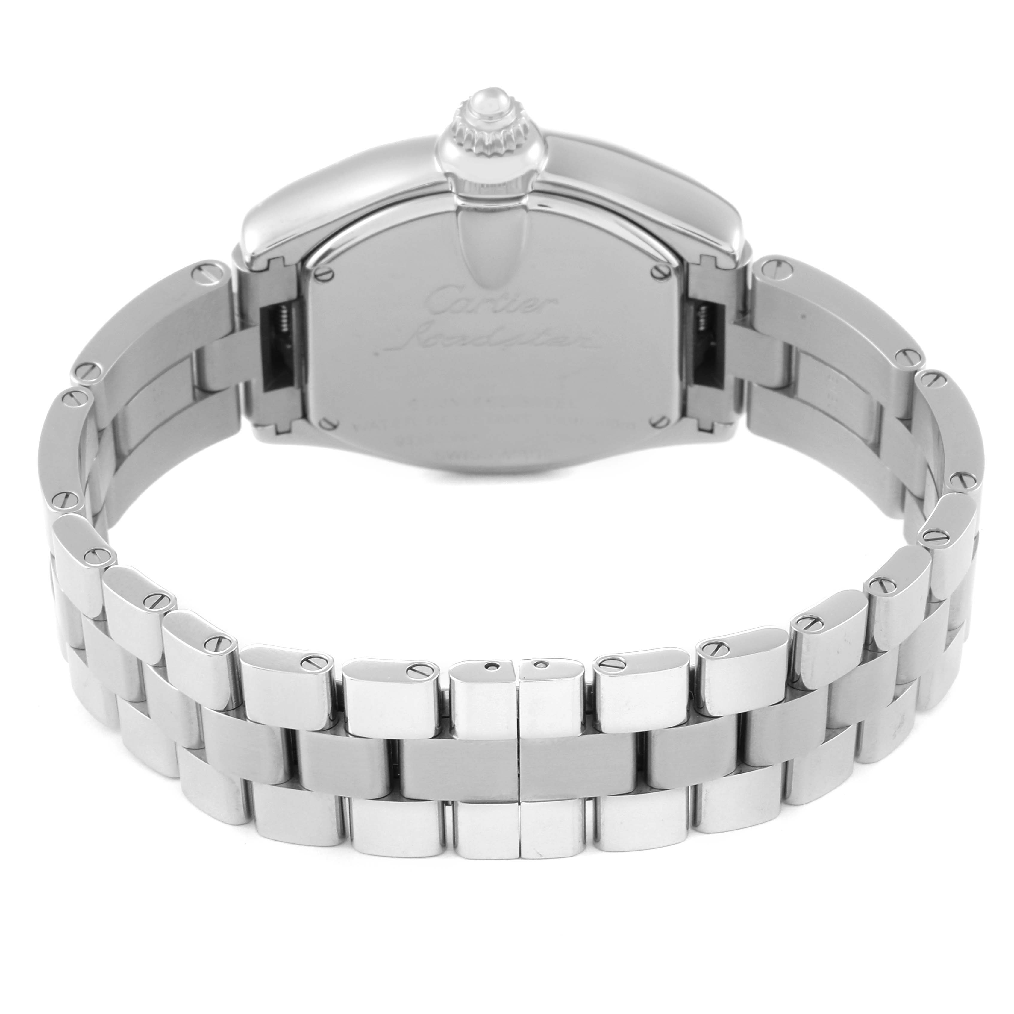 This image shows the back view of the Cartier Roadster W6206007 Women's Stainless Steel Mother of Pearl Dial W6206007 Women's Stainless Steel Mother of Pearl Dial watch, highlighting its case back and stainless steel bracelet.