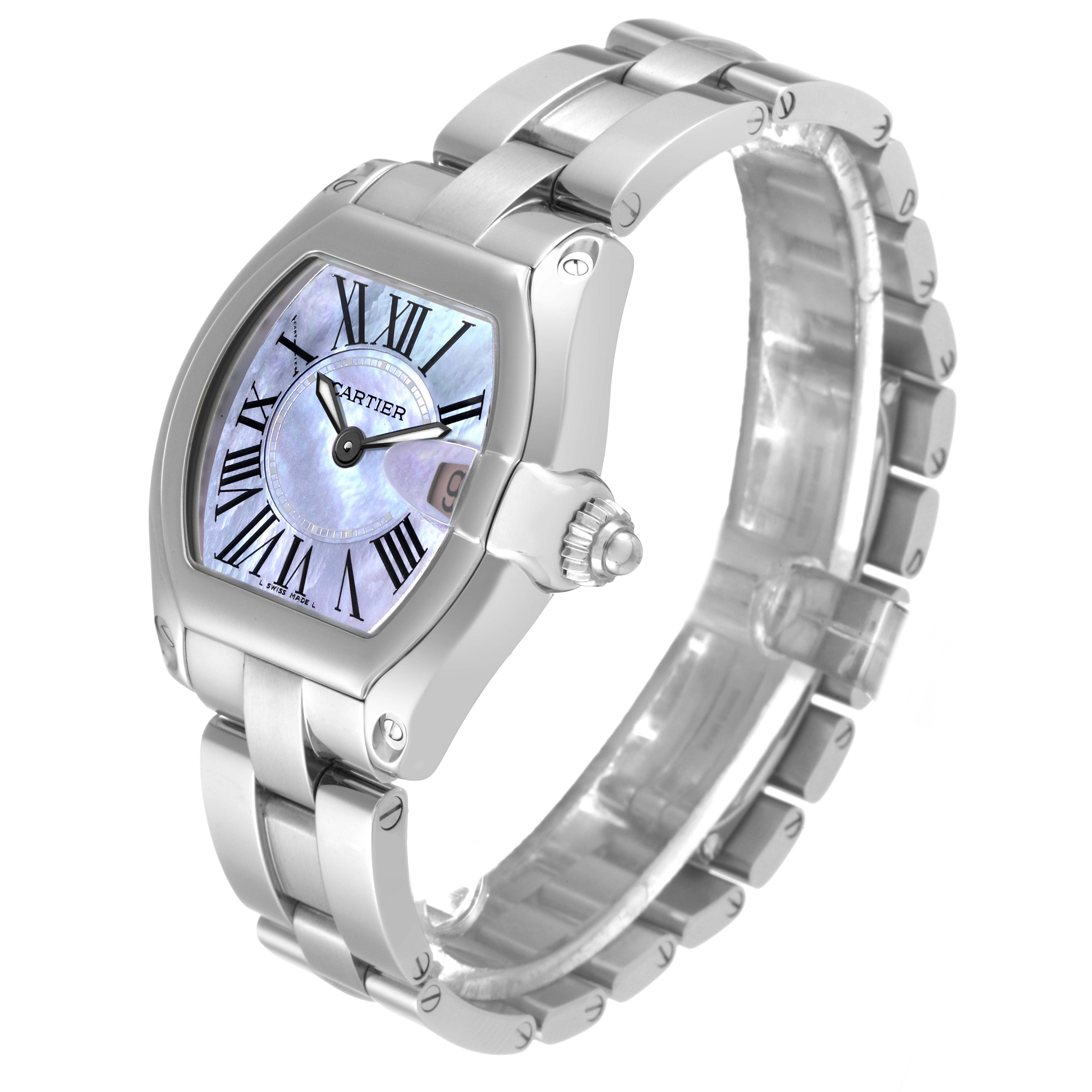 The Cartier Roadster W6206007 Women's Stainless Steel Mother of Pearl Dial W6206007 Women's Stainless Steel Mother of Pearl Dial watch is shown from a front-left angle, displaying its face, bezel, bracelet, and crown.