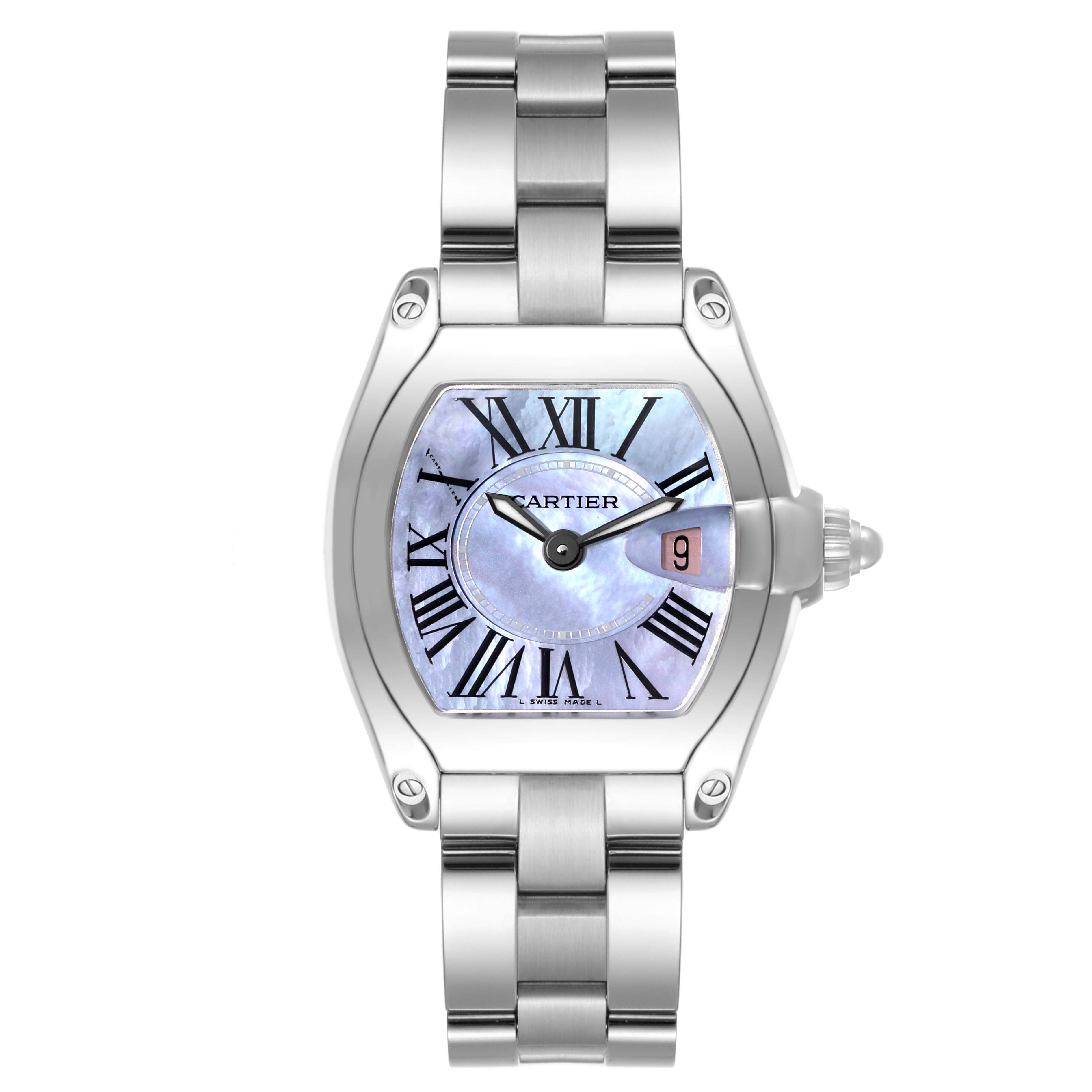 The image shows a front view of a Cartier Roadster W6206007 Women's Stainless Steel Mother of Pearl Dial W6206007 Women's Stainless Steel Mother of Pearl Dial watch with its metal bracelet, dial, and date display visible.