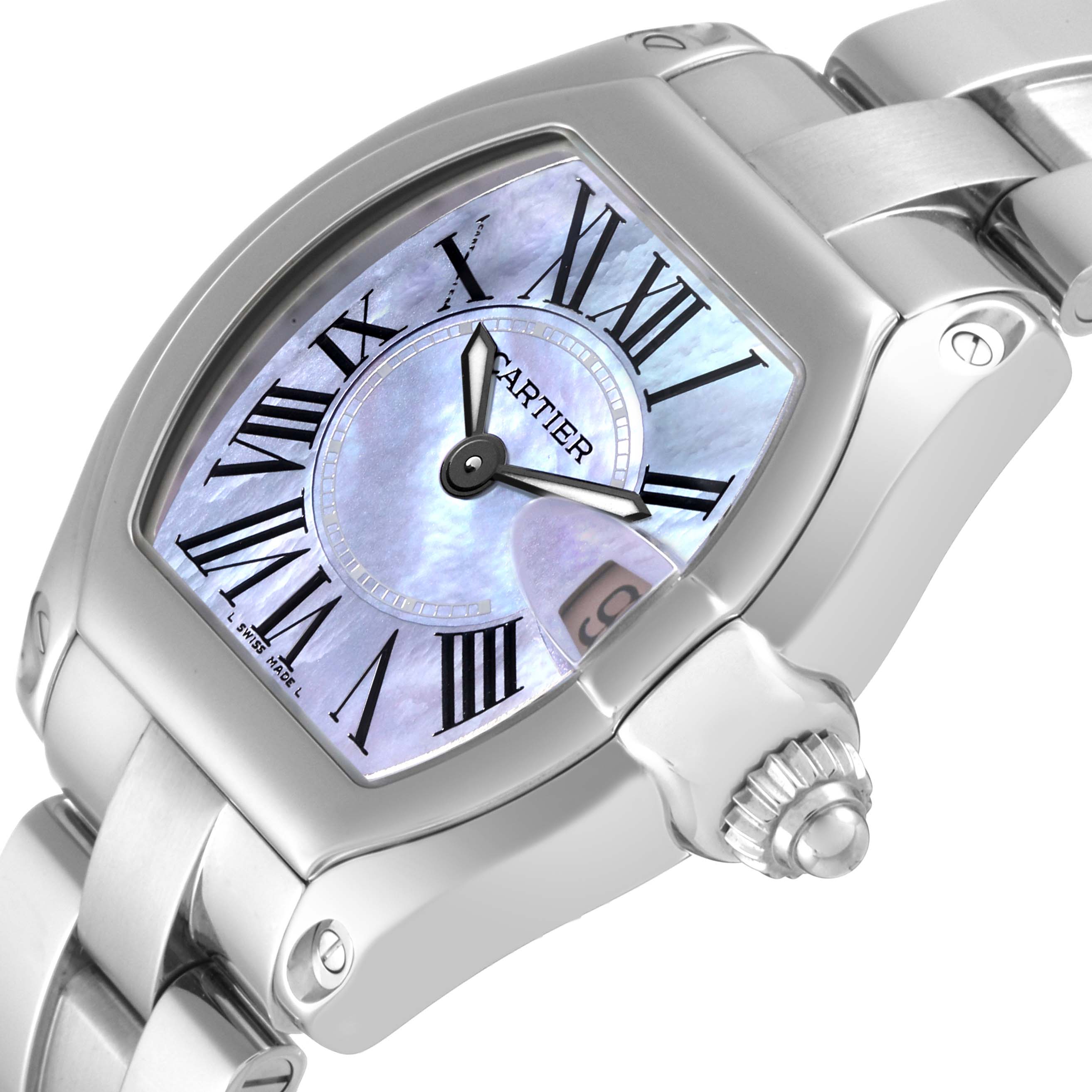 This image shows a close-up angled view of the dial, case, and crown of the Cartier Roadster W6206007 Women's Stainless Steel Mother of Pearl Dial W6206007 Women's Stainless Steel Mother of Pearl Dial watch.