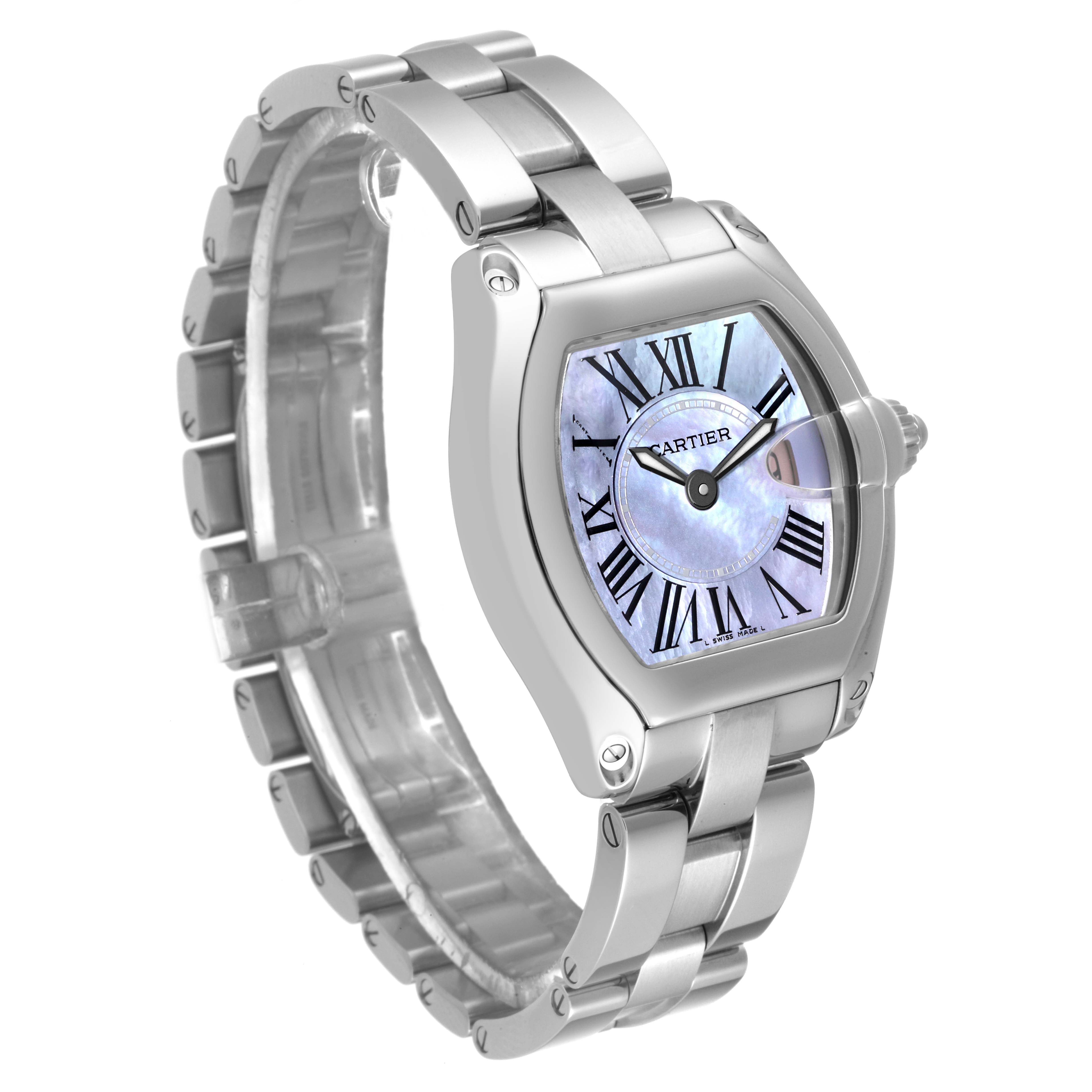 The image shows a Cartier Roadster W6206007 Women's Stainless Steel Mother of Pearl Dial W6206007 Women's Stainless Steel Mother of Pearl Dial watch angled to display its face, crown, and segmented metal bracelet.