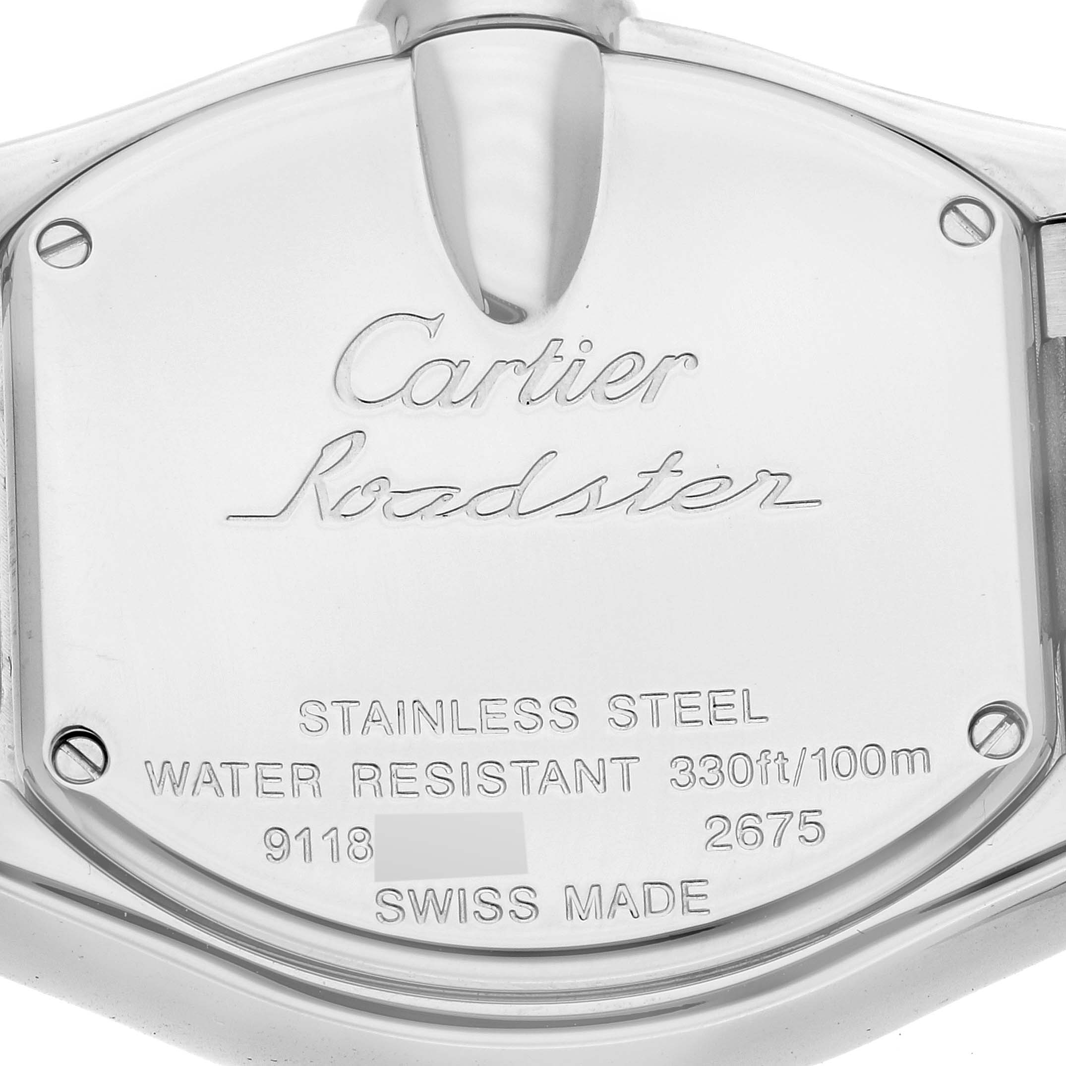 This is the back case of a Cartier Roadster W6206007 Women's Stainless Steel Mother of Pearl Dial W6206007 Women's Stainless Steel Mother of Pearl Dial watch, displaying the brand, model, and specifications.