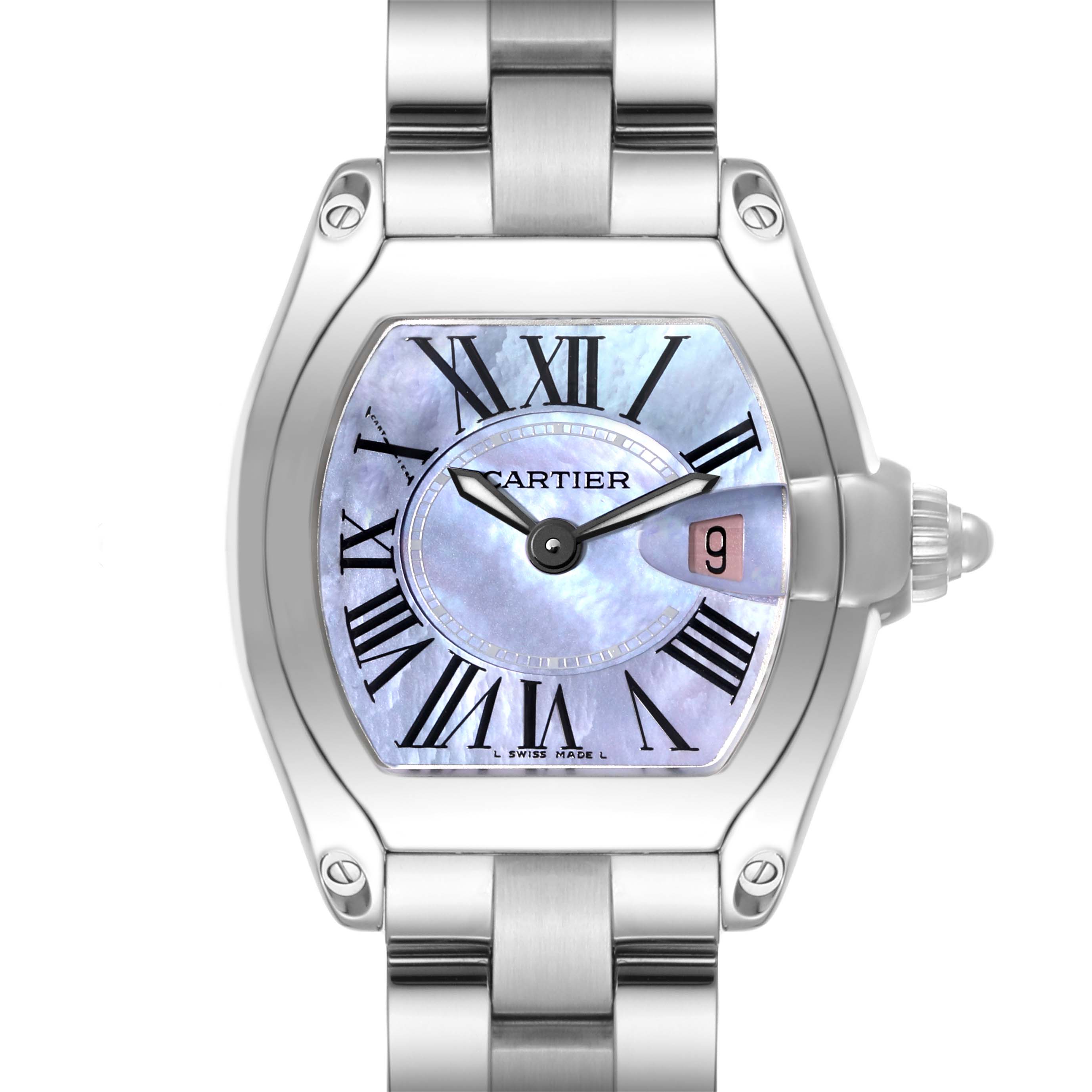 This image shows a frontal view of the Cartier Roadster W6206007 Women's Stainless Steel Mother of Pearl Dial W6206007 Women's Stainless Steel Mother of Pearl Dial watch, highlighting its face, case, and part of the bracelet.