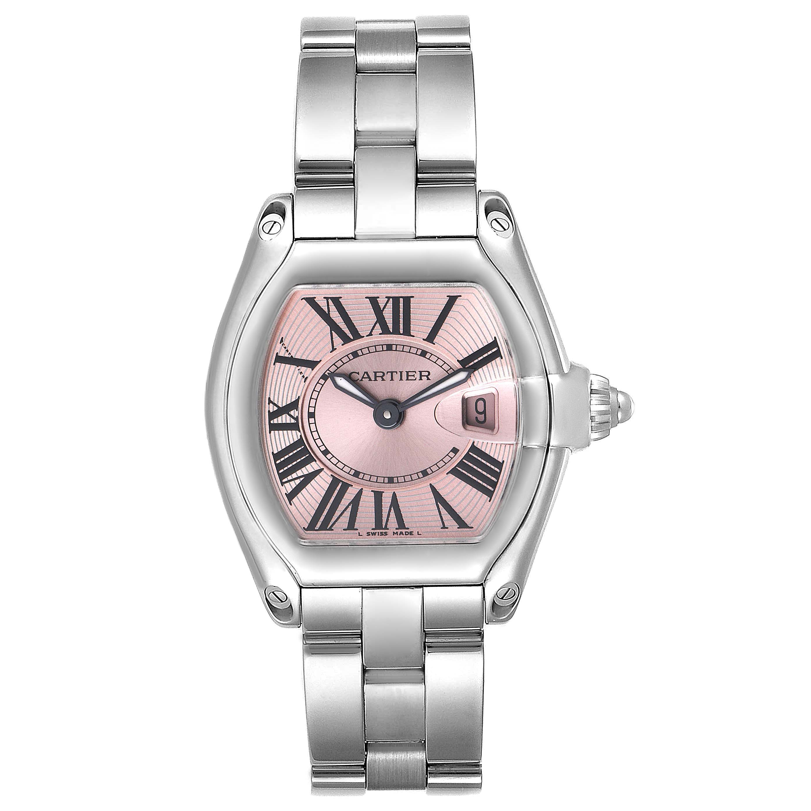 This is a head-on view of the Cartier Roadster W62017V3 Women's Stainless Steel Pink Dial W62017V3 Women's Stainless Steel Pink Dial watch showing the face, case, crown, and metal bracelet.