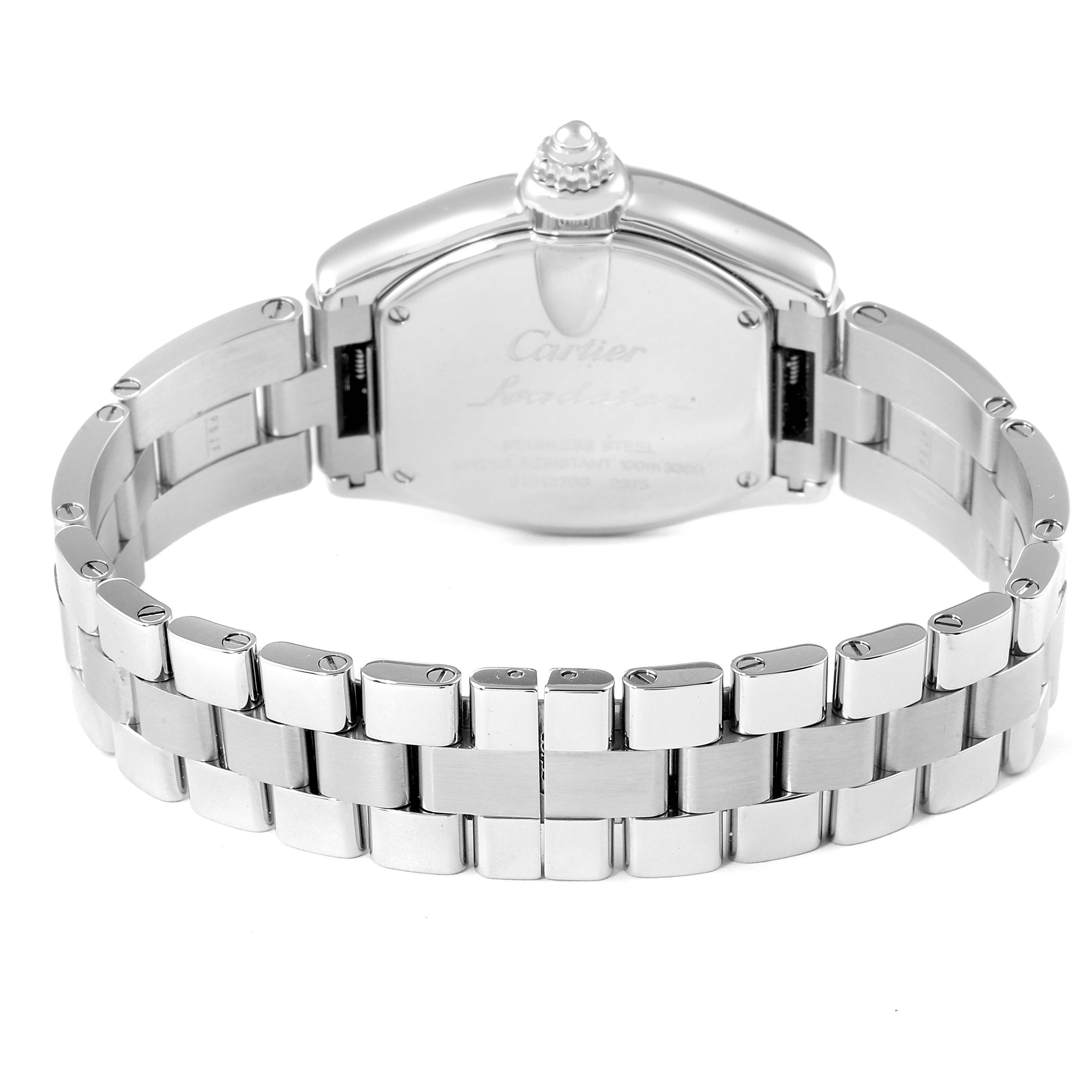 This image shows the back view of the Cartier Roadster W62017V3 Women's Stainless Steel Pink Dial W62017V3 Women's Stainless Steel Pink Dial watch, highlighting the stainless steel bracelet and the case back.