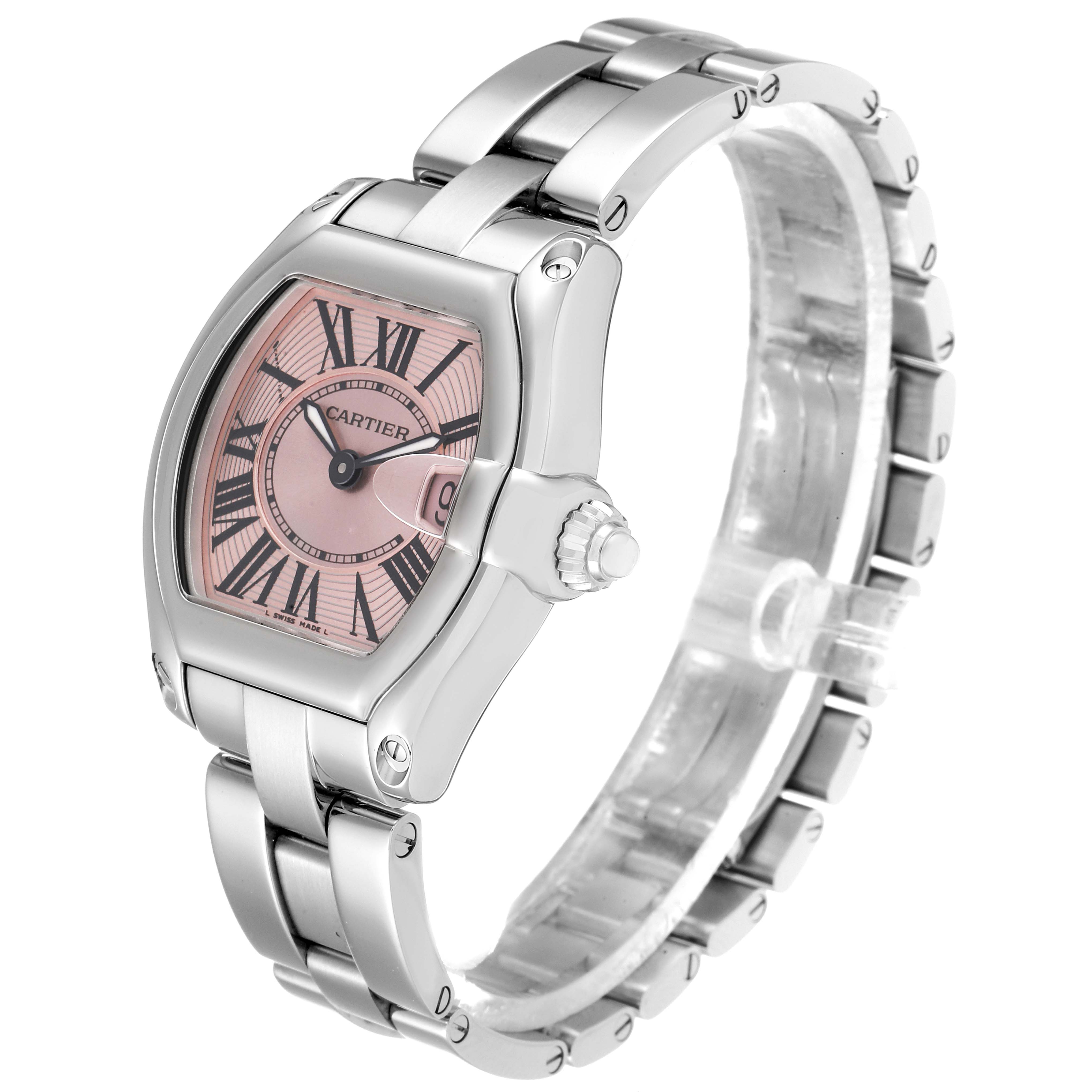 The Cartier Roadster W62017V3 Women's Stainless Steel Pink Dial W62017V3 Women's Stainless Steel Pink Dial model watch is shown at a slight angle, highlighting the face, dial, and a portion of the bracelet.