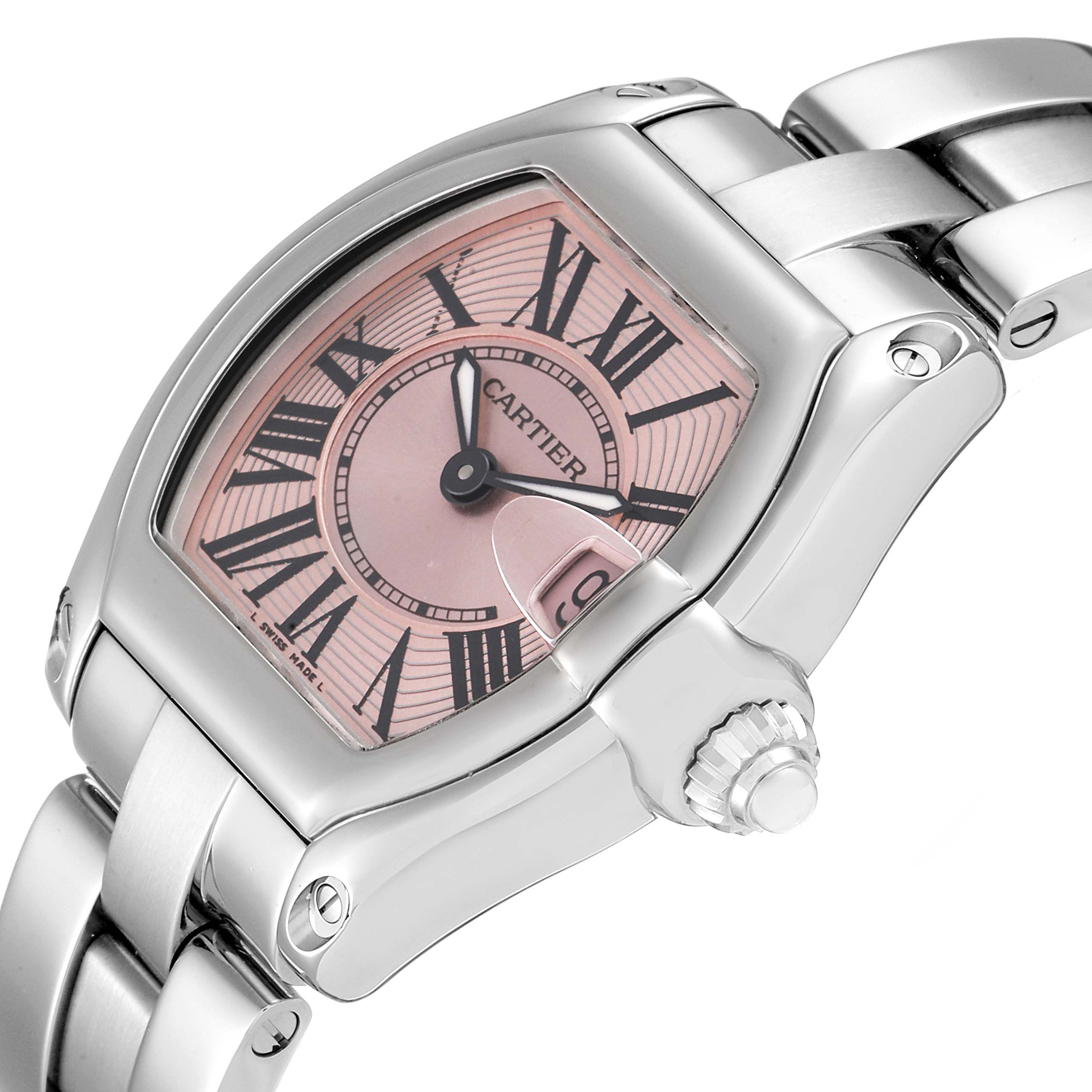 The Cartier Roadster W62017V3 Women's Stainless Steel Pink Dial W62017V3 Women's Stainless Steel Pink Dial watch is shown at an angled close-up, highlighting its dial, crown, and part of the bracelet.