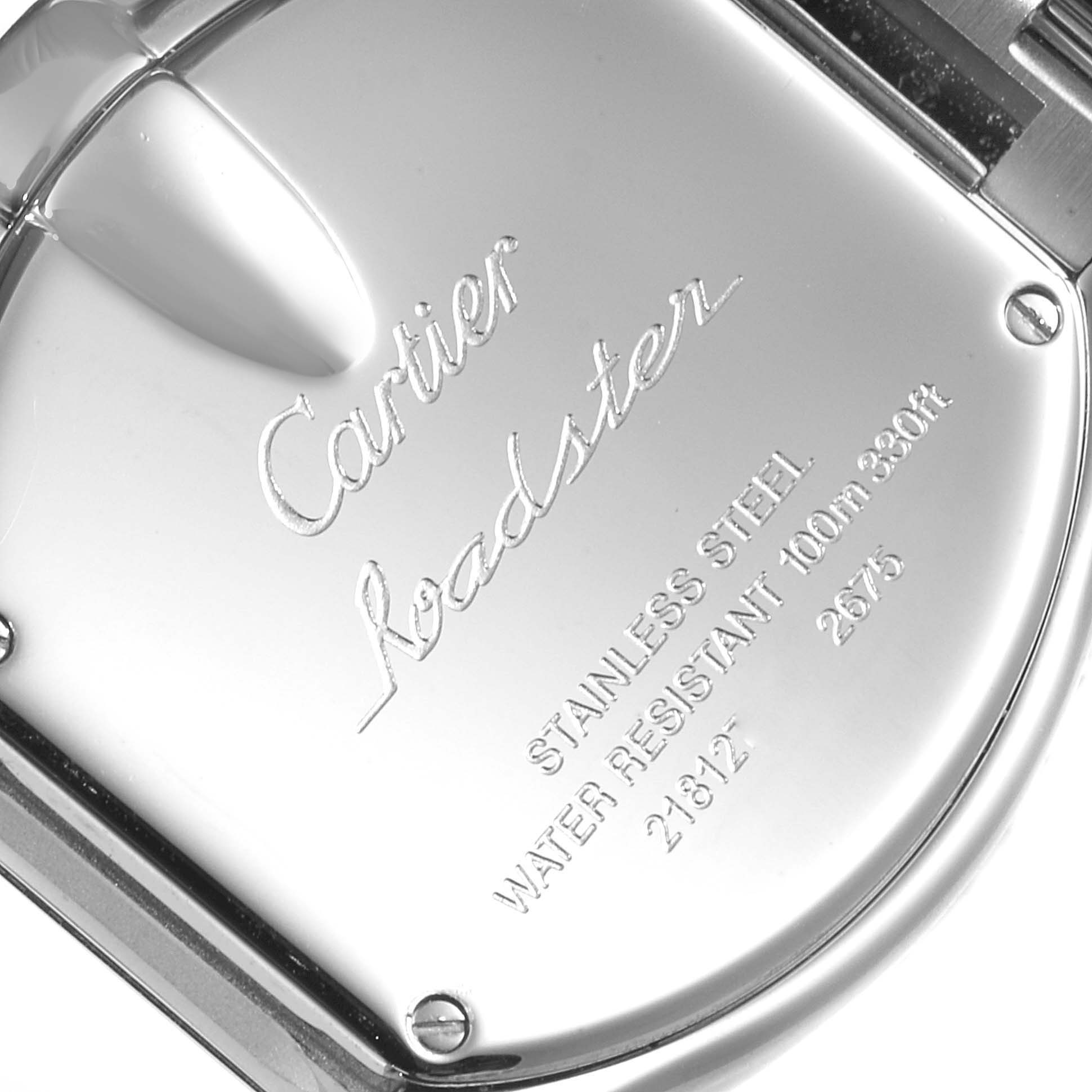 This image shows the back case of a Cartier Roadster W62017V3 Women's Stainless Steel Pink Dial W62017V3 Women's Stainless Steel Pink Dial watch, highlighting its engraving and specifications.