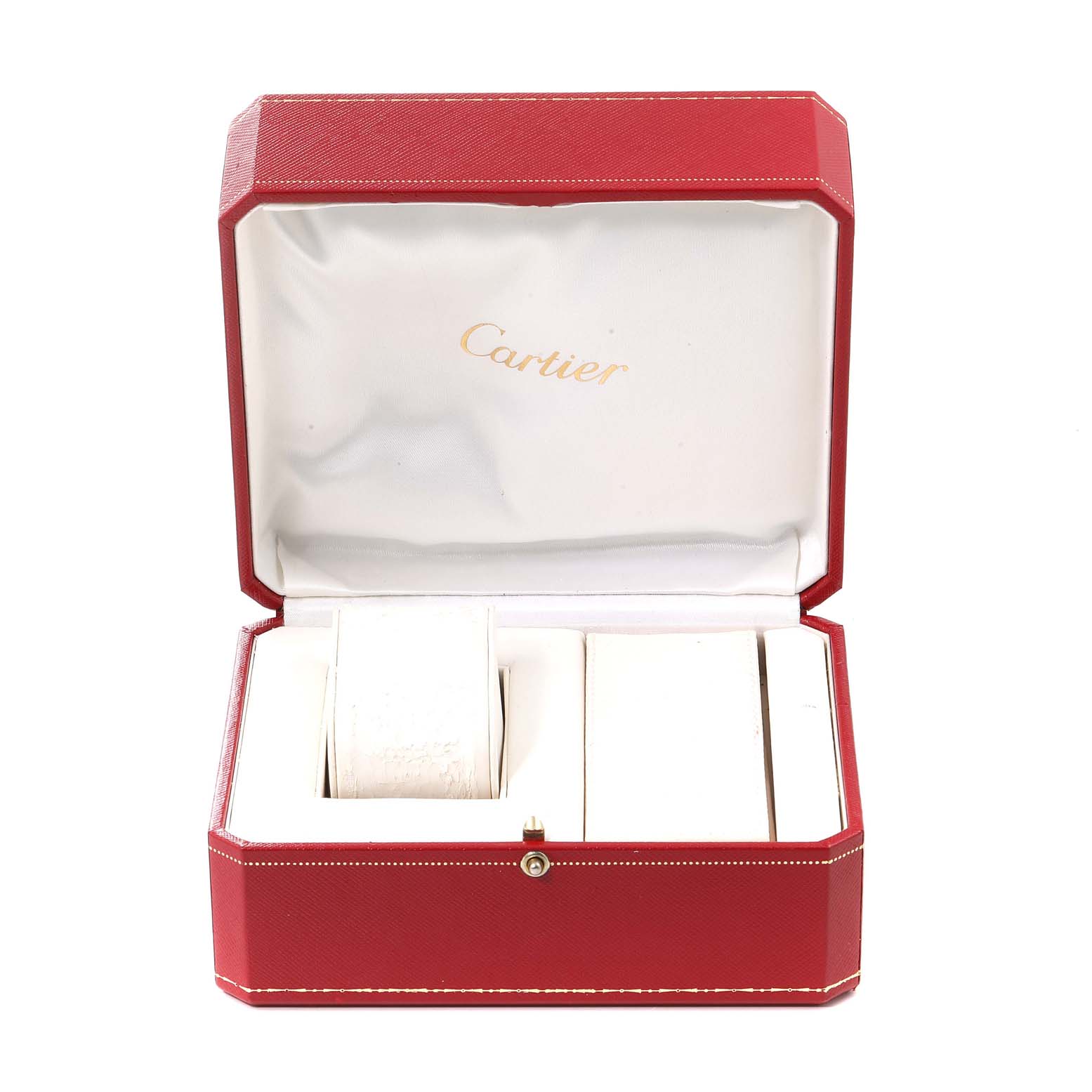 This image shows the open red presentation box for a Cartier Roadster W62017V3 Women's Stainless Steel Pink Dial W62017V3 Women's Stainless Steel Pink Dial model watch, with cushioned compartments inside.