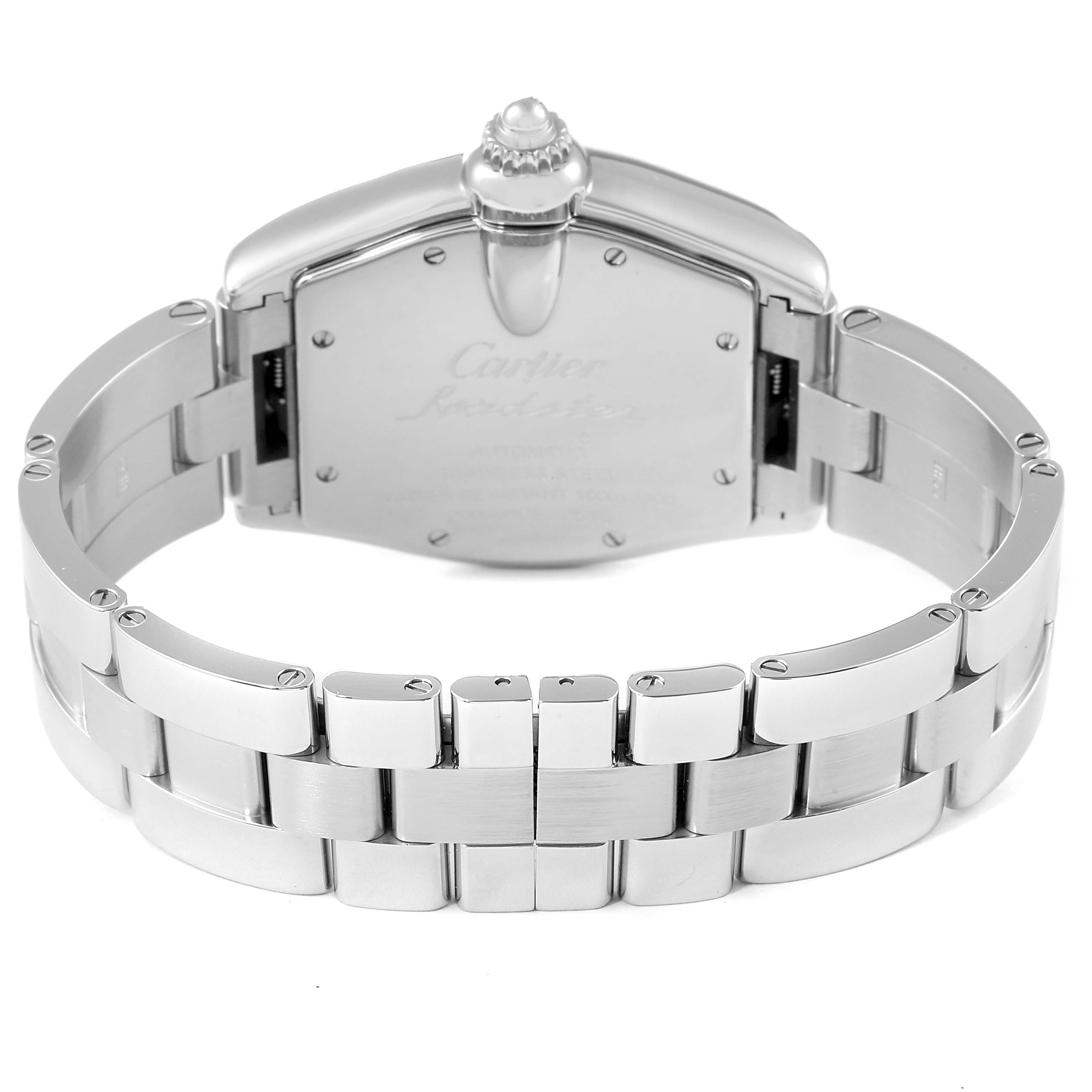 The image shows the back and bracelet of the Cartier Roadster W62000V3 Men
s Stainless Steel Silver Dial W62000V3 Men
s Stainless Steel Silver Dial watch, focusing on the case back and metal link bracelet.