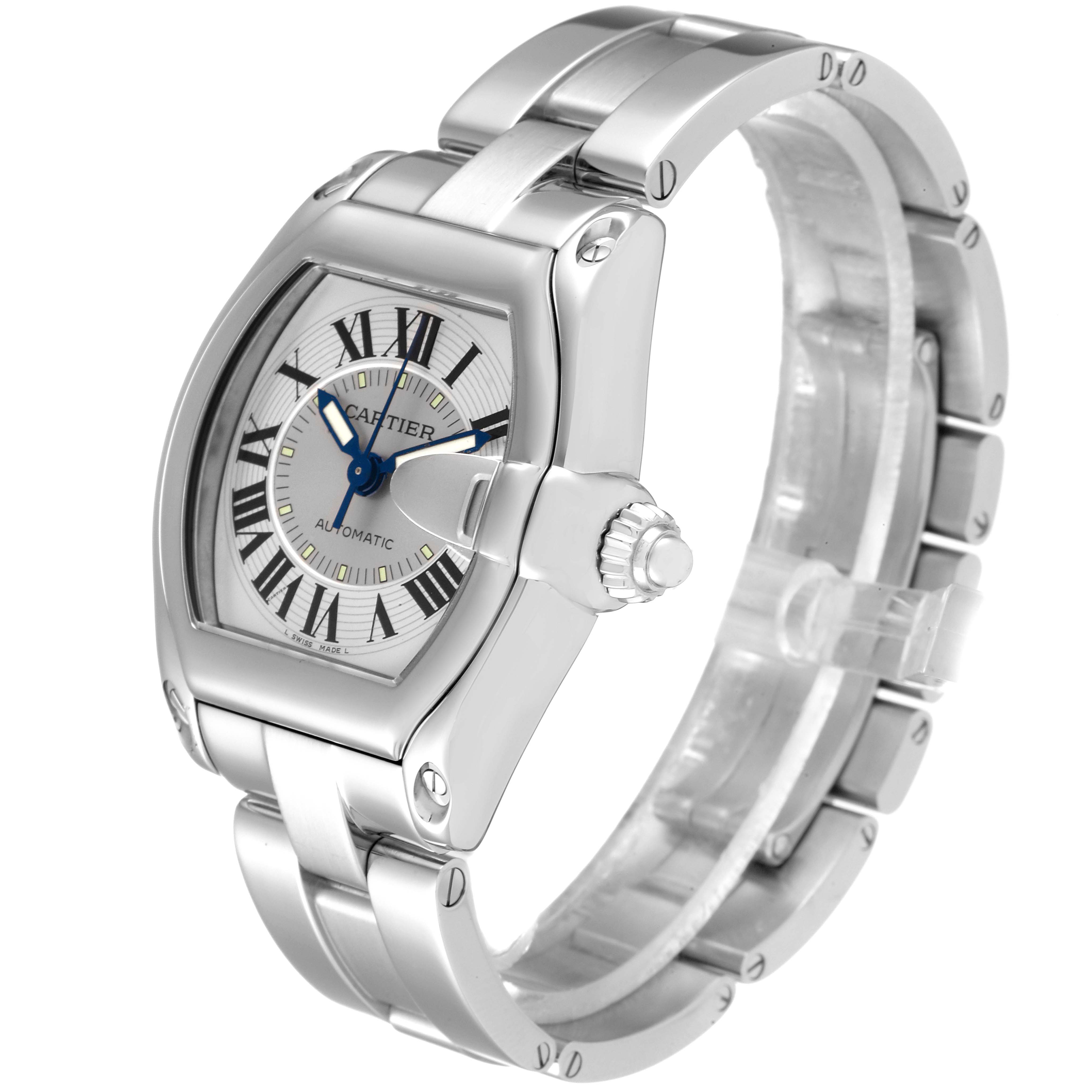 This image shows a side angle of the Cartier Roadster W62000V3 Men
s Stainless Steel Silver Dial W62000V3 Men
s Stainless Steel Silver Dial watch, highlighting its face, crown, and stainless steel bracelet.
