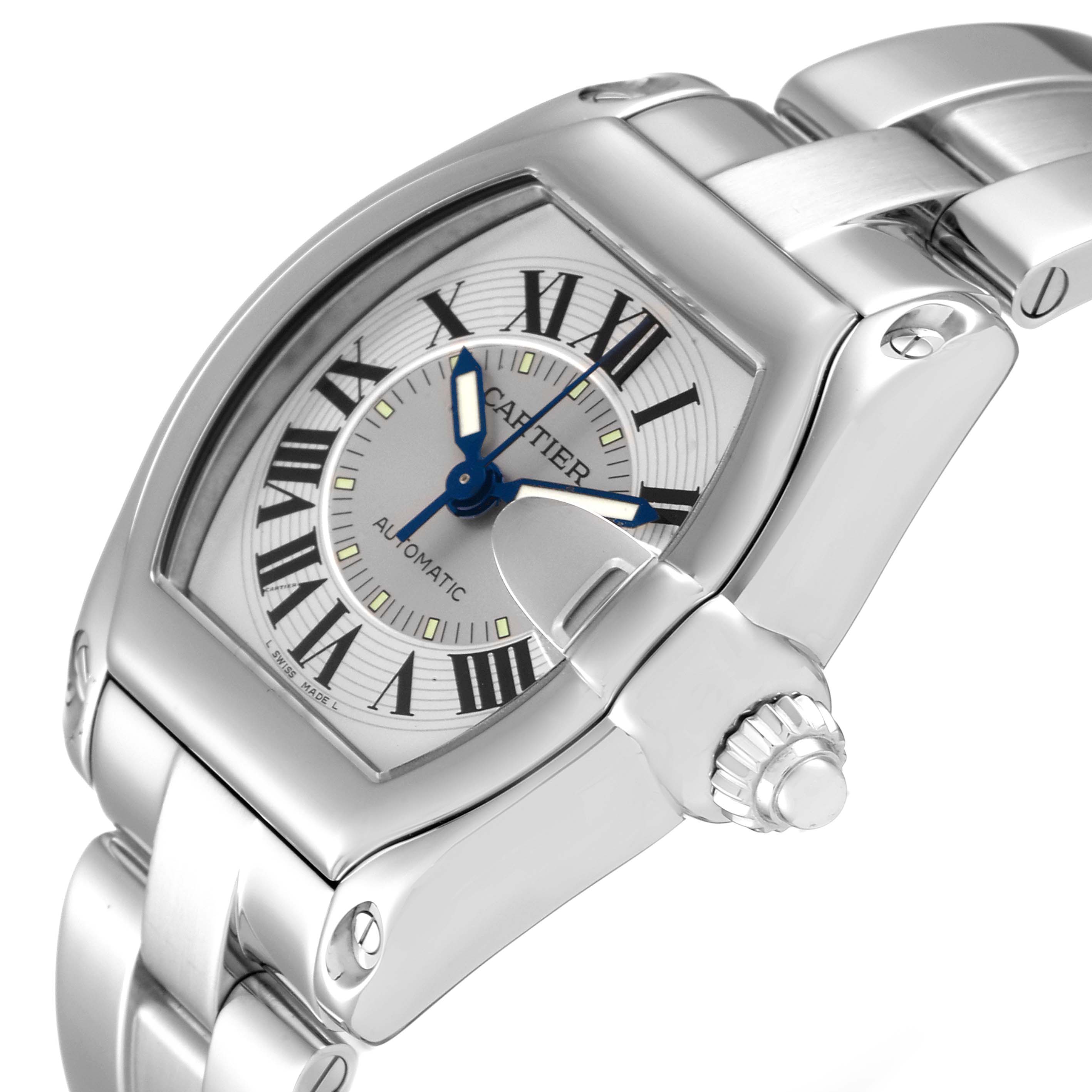 This image shows a close-up angle of the Cartier Roadster W62000V3 Men
s Stainless Steel Silver Dial W62000V3 Men
s Stainless Steel Silver Dial watch, highlighting its face, crown, and part of the bracelet.
