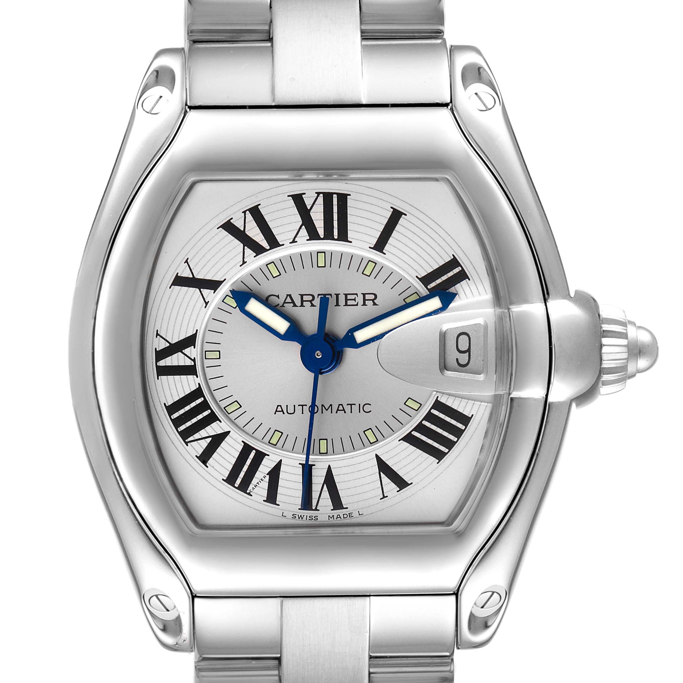 The Cartier Roadster W62000V3 Men
s Stainless Steel Silver Dial W62000V3 Men
s Stainless Steel Silver Dial watch is shown from a front angle, highlighting the face, bezel, and part of the bracelet.