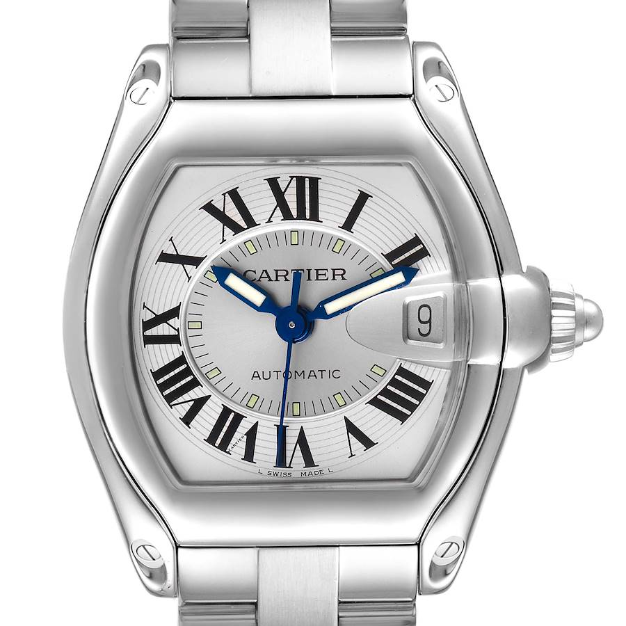 Cartier Roadster Silver Dial Steel Mens Watch W62000V3 Box Papers Strap SwissWatchExpo