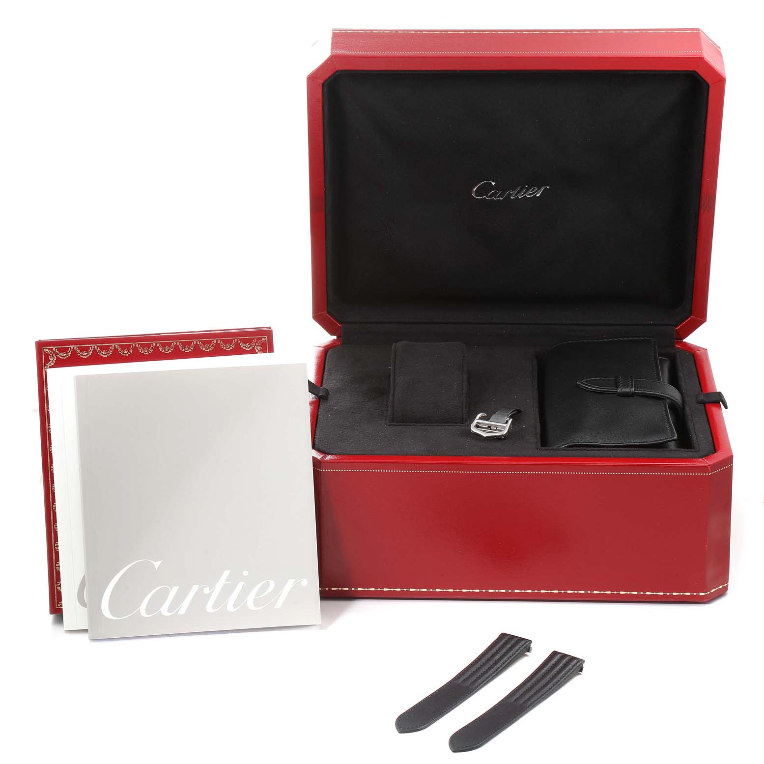 The image shows the Cartier Roadster W62000V3 Men
s Stainless Steel Silver Dial W62000V3 Men
s Stainless Steel Silver Dial watch
s packaging box, accessories, extra straps, and user manual from a frontal angle.