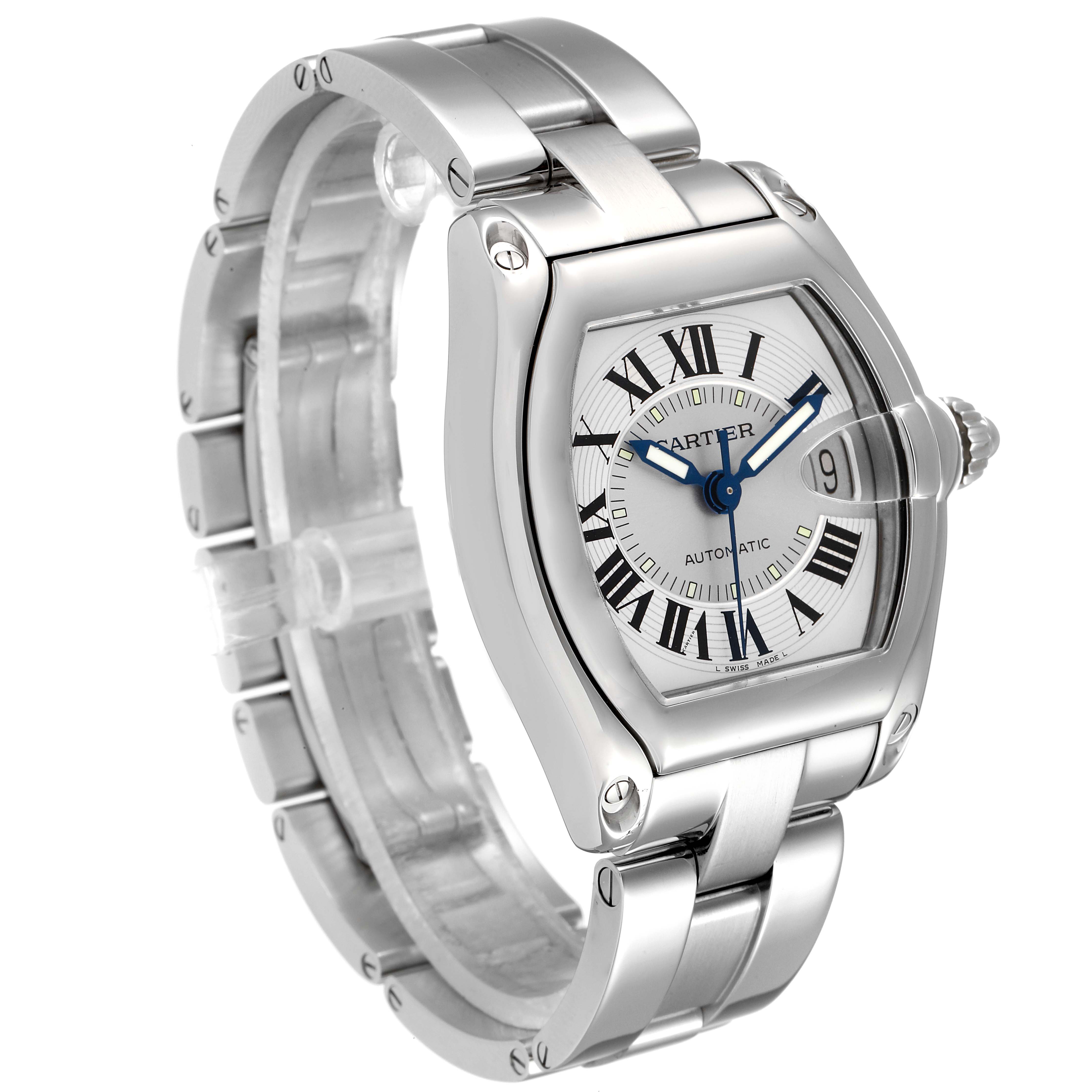 The image shows a Cartier Roadster W62000V3 Men
s Stainless Steel Silver Dial W62000V3 Men
s Stainless Steel Silver Dial watch at a three-quarter angle displaying its face, bezel, bracelet, and crown.
