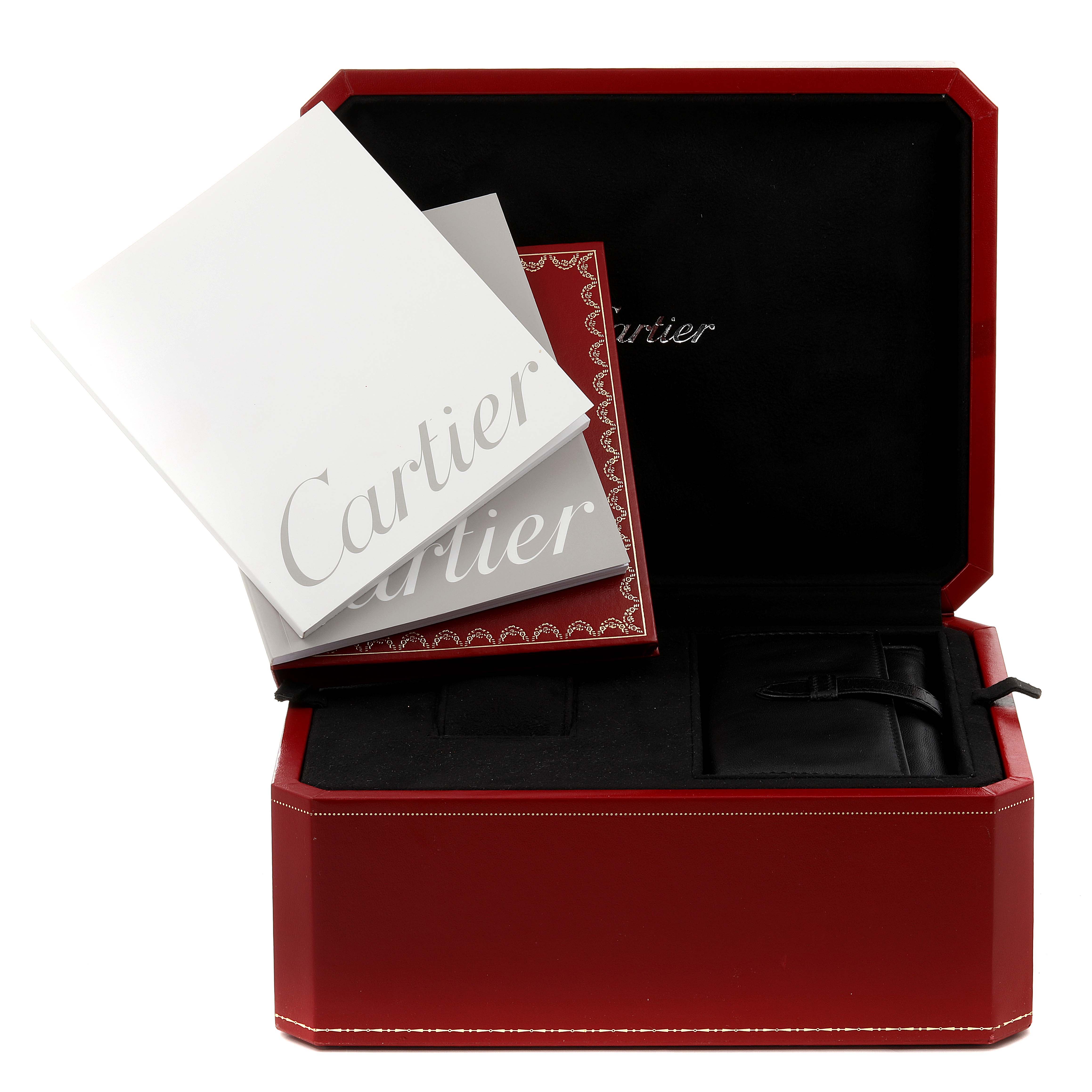 The image shows the packaging box and manuals for the Cartier Roadster W62020X6 Men
s Stainless Steel Black Dial W62020X6 Men
s Stainless Steel Black Dial watch, with the box open and documents displayed.