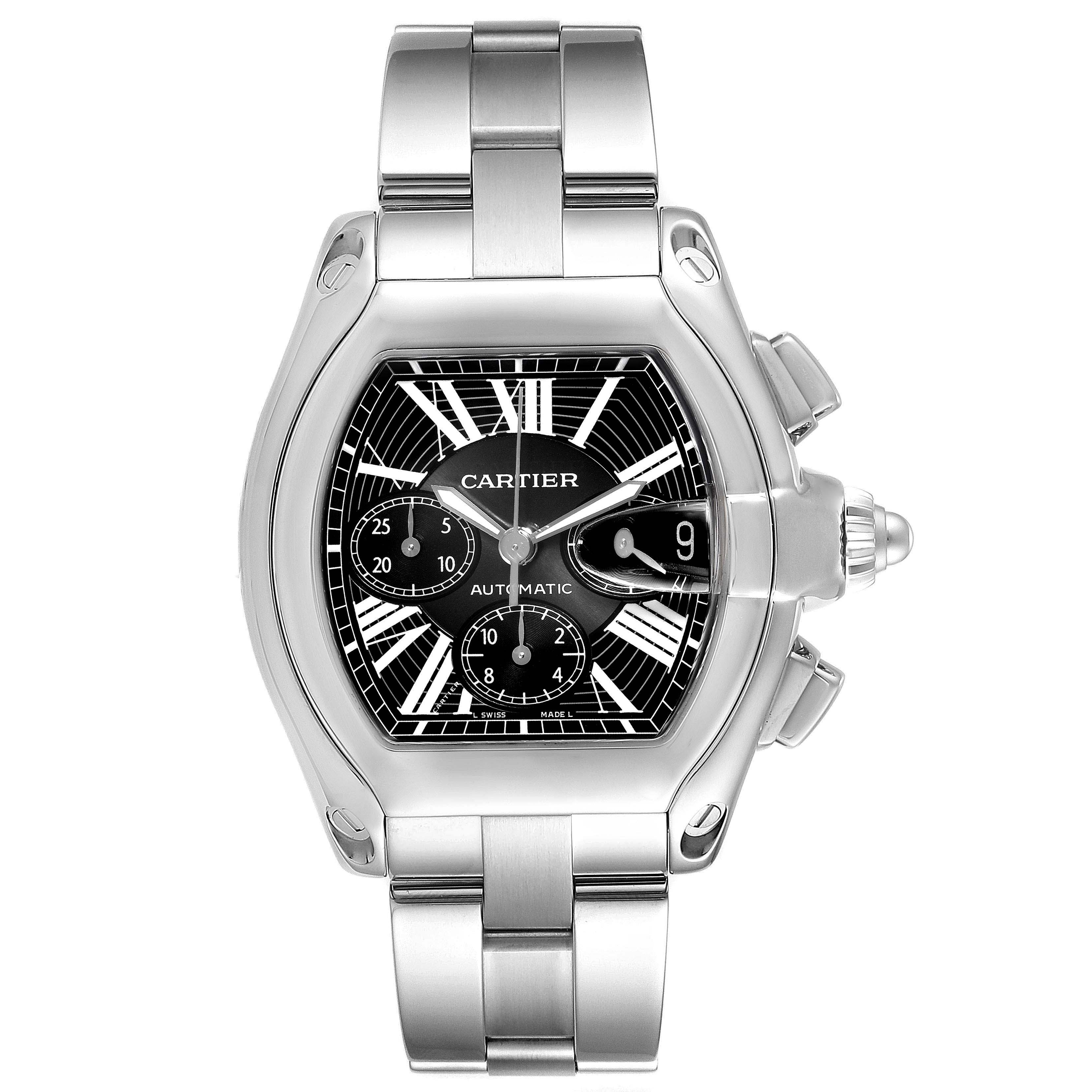 The image shows a front view of a Cartier Roadster W62020X6 Men
s Stainless Steel Black Dial W62020X6 Men
s Stainless Steel Black Dial watch, displaying the face, bezel, crown, and metal bracelet.