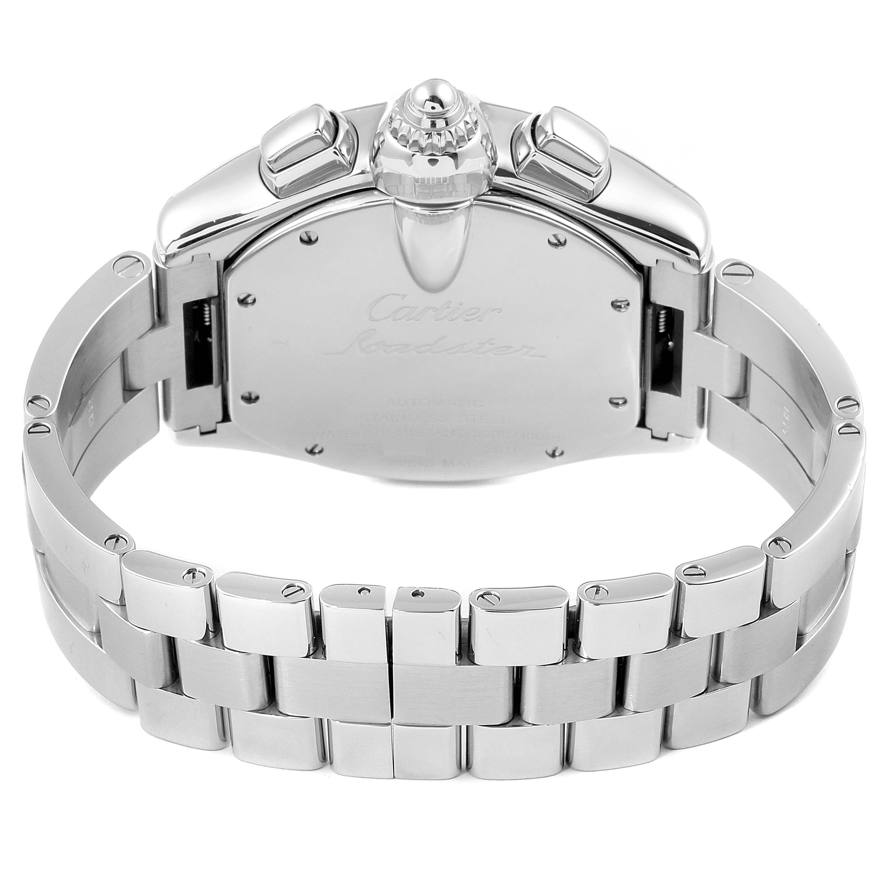 The image shows the back of a Cartier Roadster W62020X6 Men
s Stainless Steel Black Dial W62020X6 Men
s Stainless Steel Black Dial watch, highlighting the case back, bracelet, and deployment clasp.