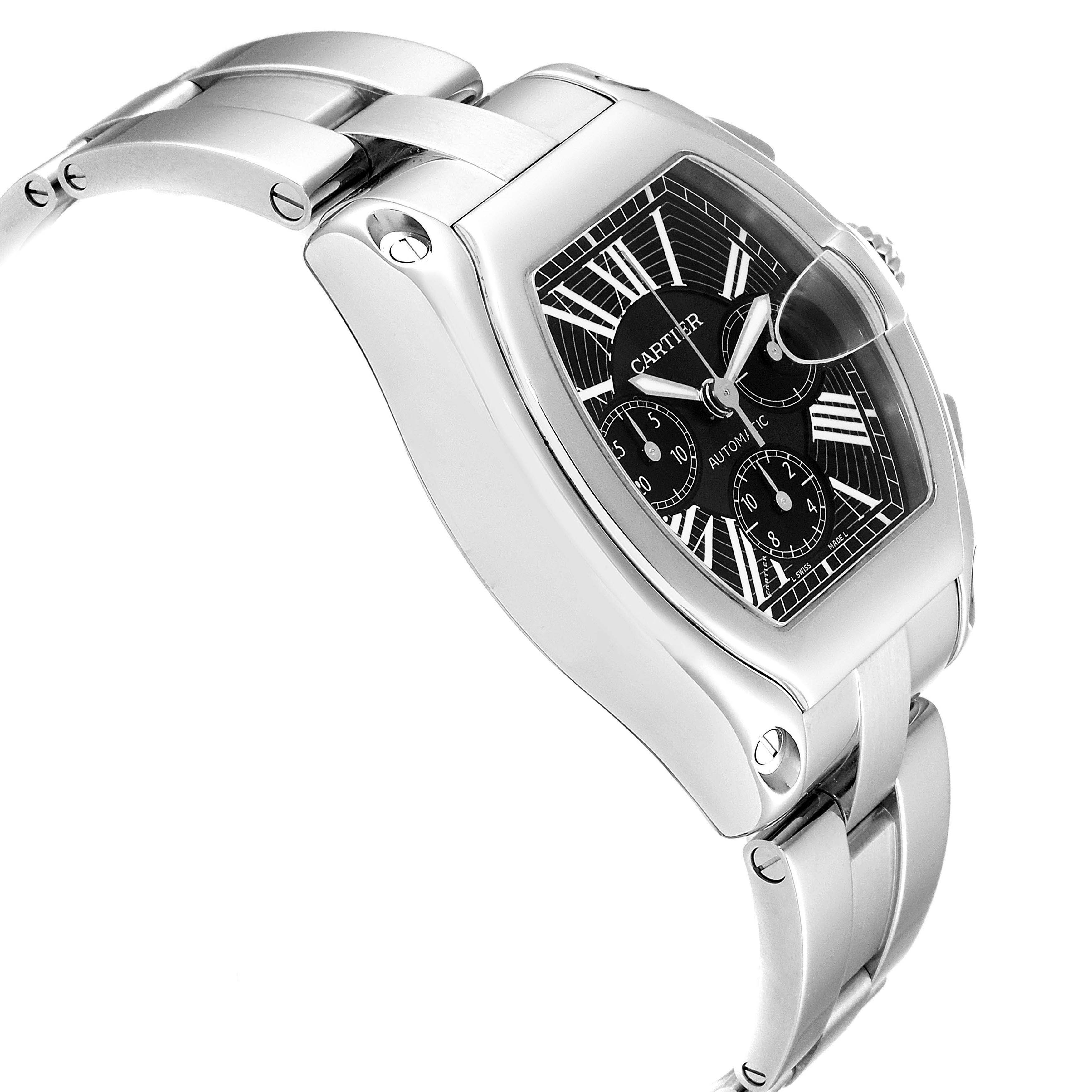 This image shows a side-angle view of the Cartier Roadster W62020X6 Men
s Stainless Steel Black Dial W62020X6 Men
s Stainless Steel Black Dial watch highlighting its dial, case, and bracelet.