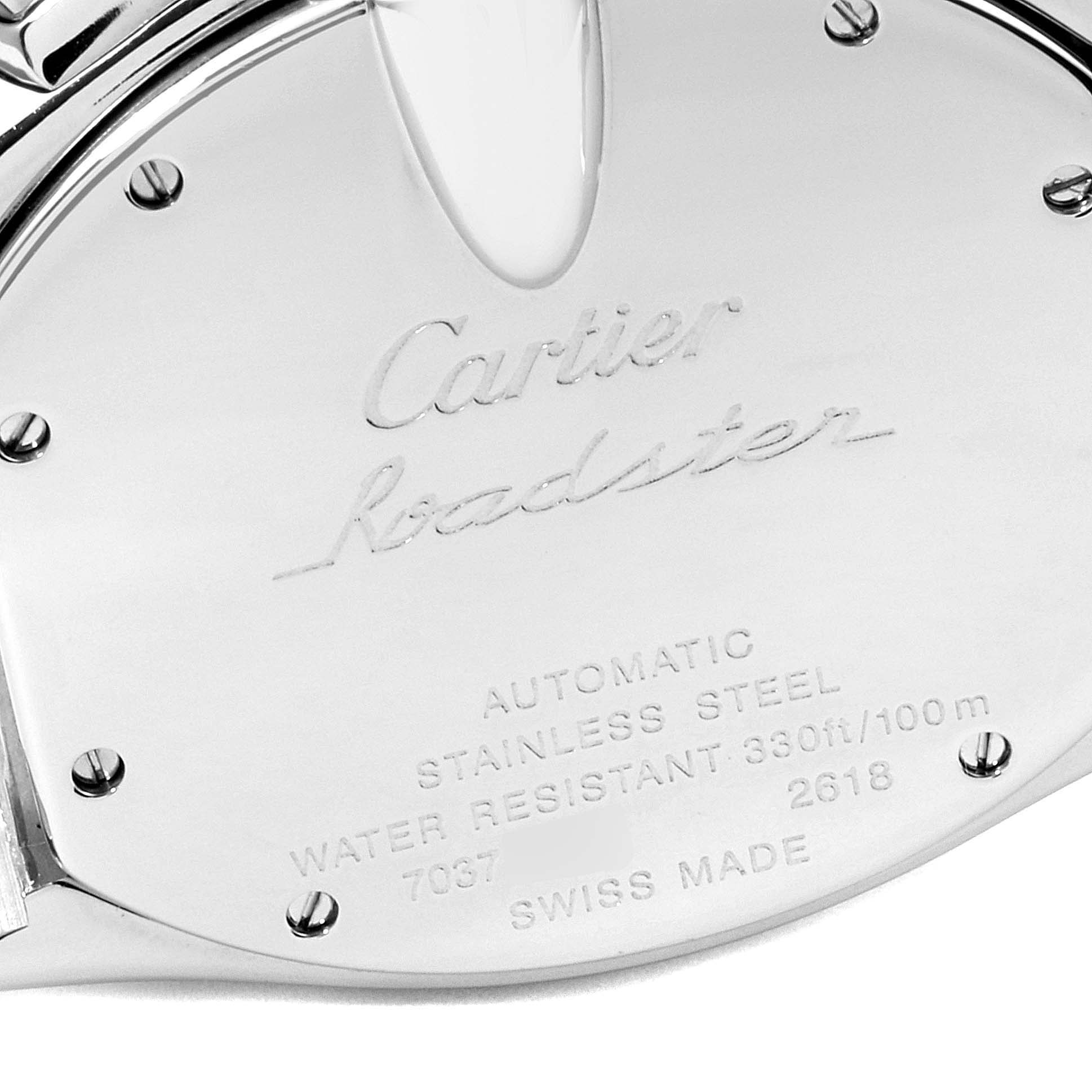 This image shows the case back of a Cartier Roadster W62020X6 Men
s Stainless Steel Black Dial W62020X6 Men
s Stainless Steel Black Dial watch, highlighting its engraved details.