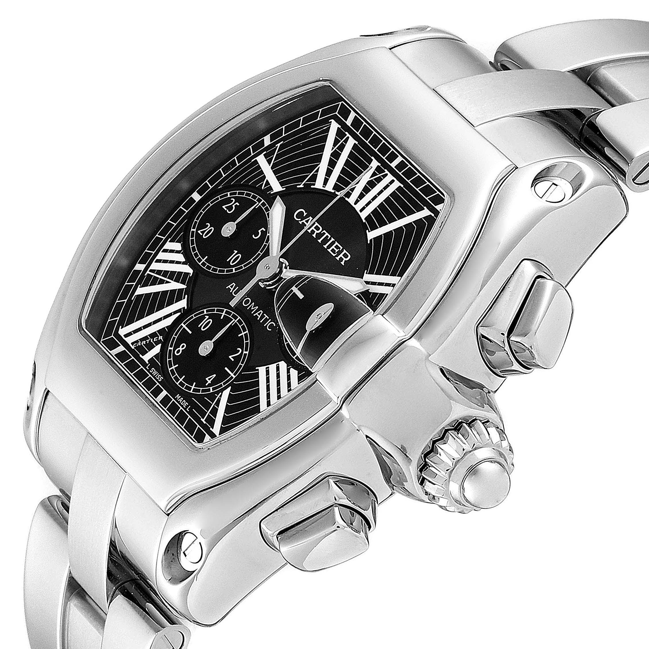 The image shows a close-up angled view of the dial, crown, and part of the bracelet of the Cartier Roadster W62020X6 Men
s Stainless Steel Black Dial W62020X6 Men
s Stainless Steel Black Dial watch.