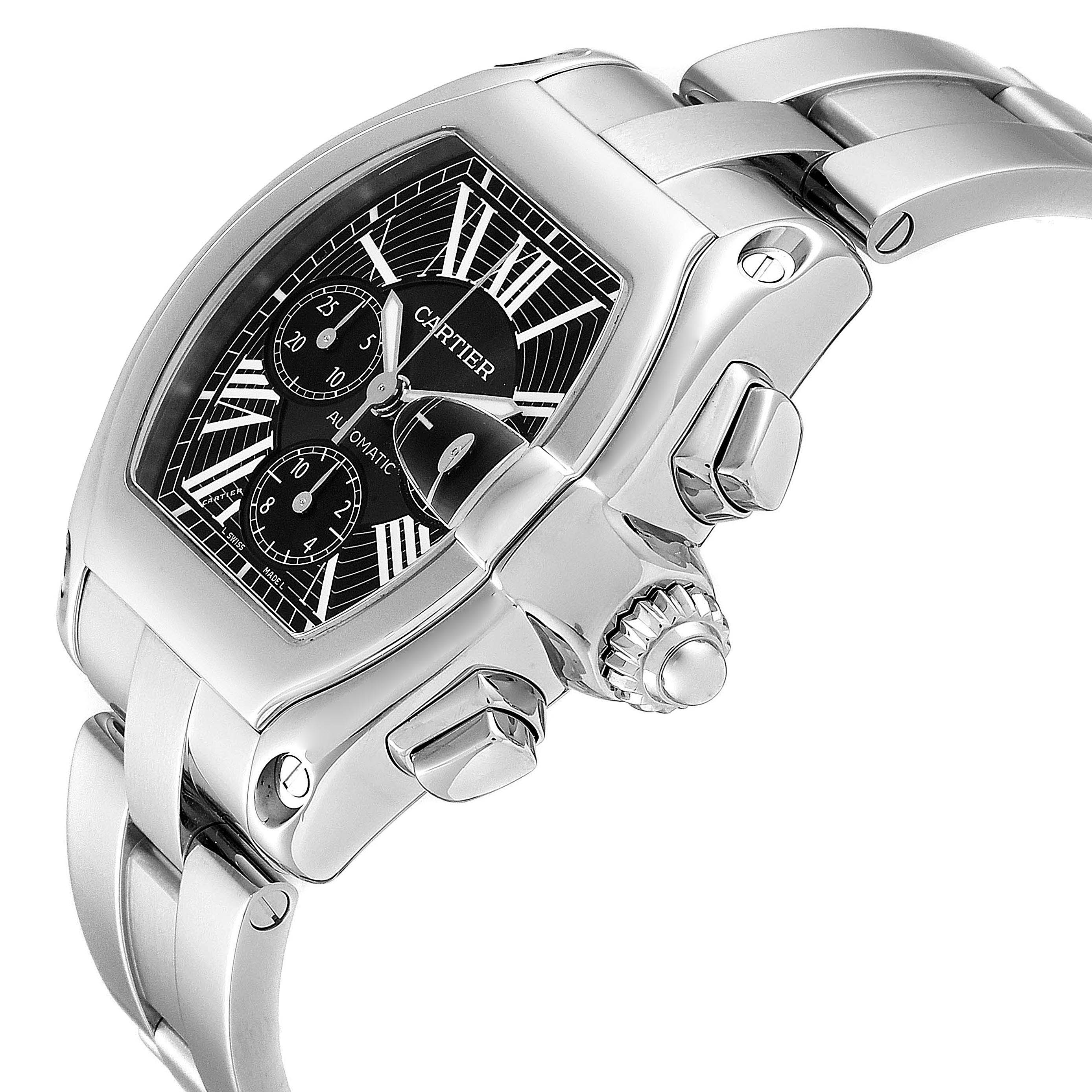 The Cartier Roadster W62020X6 Men
s Stainless Steel Black Dial W62020X6 Men
s Stainless Steel Black Dial watch is shown at a 45-degree angle, highlighting the bracelet, crown, and chronograph sub-dials.