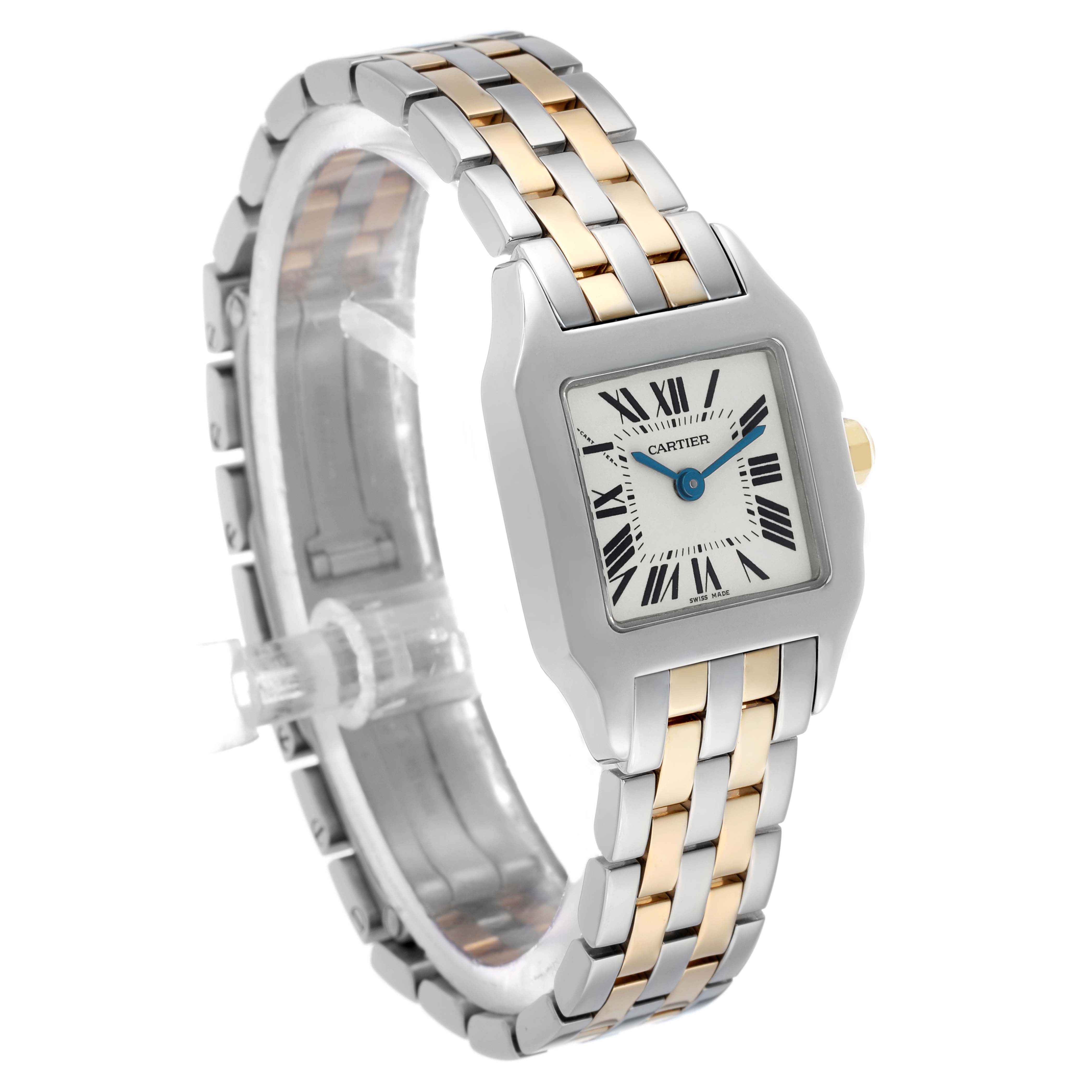 The Cartier Santos Demoiselle W25066Z6 Women's Steel and Gold (two tone) Silver Dial watch is shown at a slight angle, displaying the face, bracelet, and side crown.