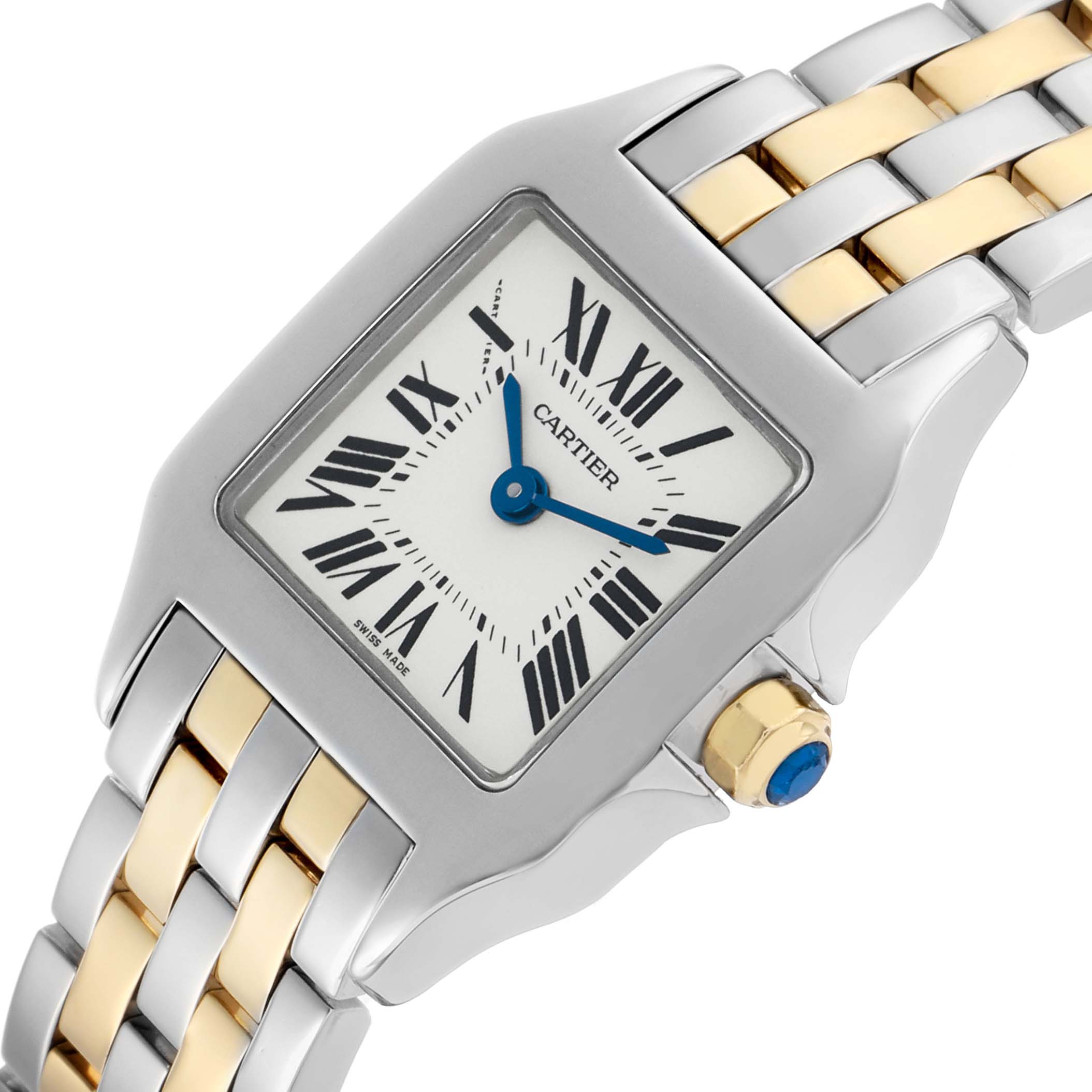 The Cartier Santos Demoiselle W25066Z6 Women's Steel and Gold (two tone) Silver Dial watch is shown from a top angle, displaying the face, bezel, crown, and part of the bracelet.