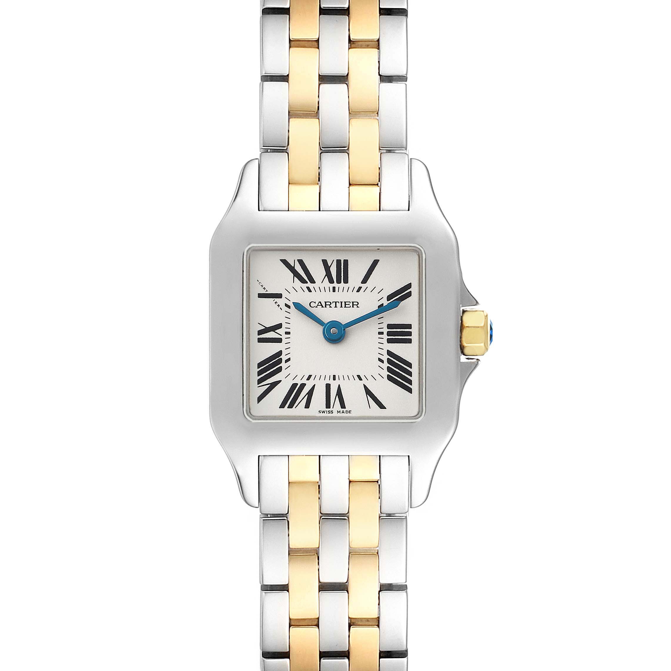 The Cartier Santos Demoiselle W25066Z6 Women's Steel and Gold (two tone) Silver Dial watch is shown from the front, highlighting its square face, Roman numerals, and two-tone bracelet.