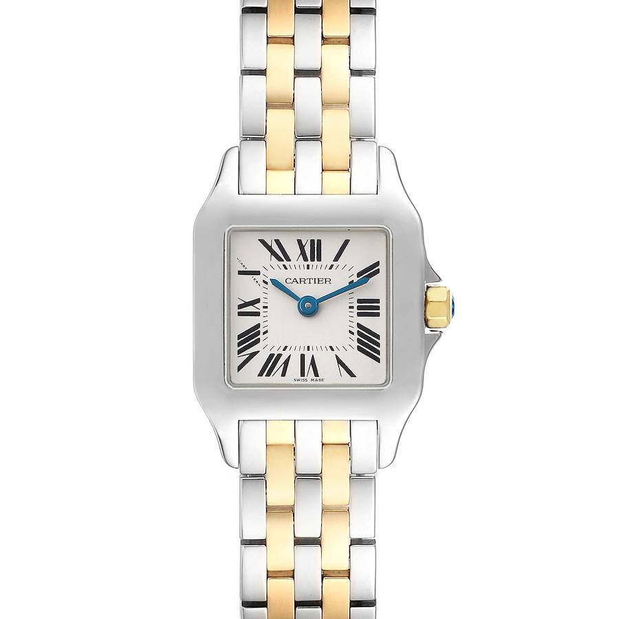 The Cartier Santos Demoiselle W25066Z6 Women's Steel and Gold (two tone) Silver Dial watch is shown from the front, highlighting its square face, Roman numerals, and two-tone bracelet.