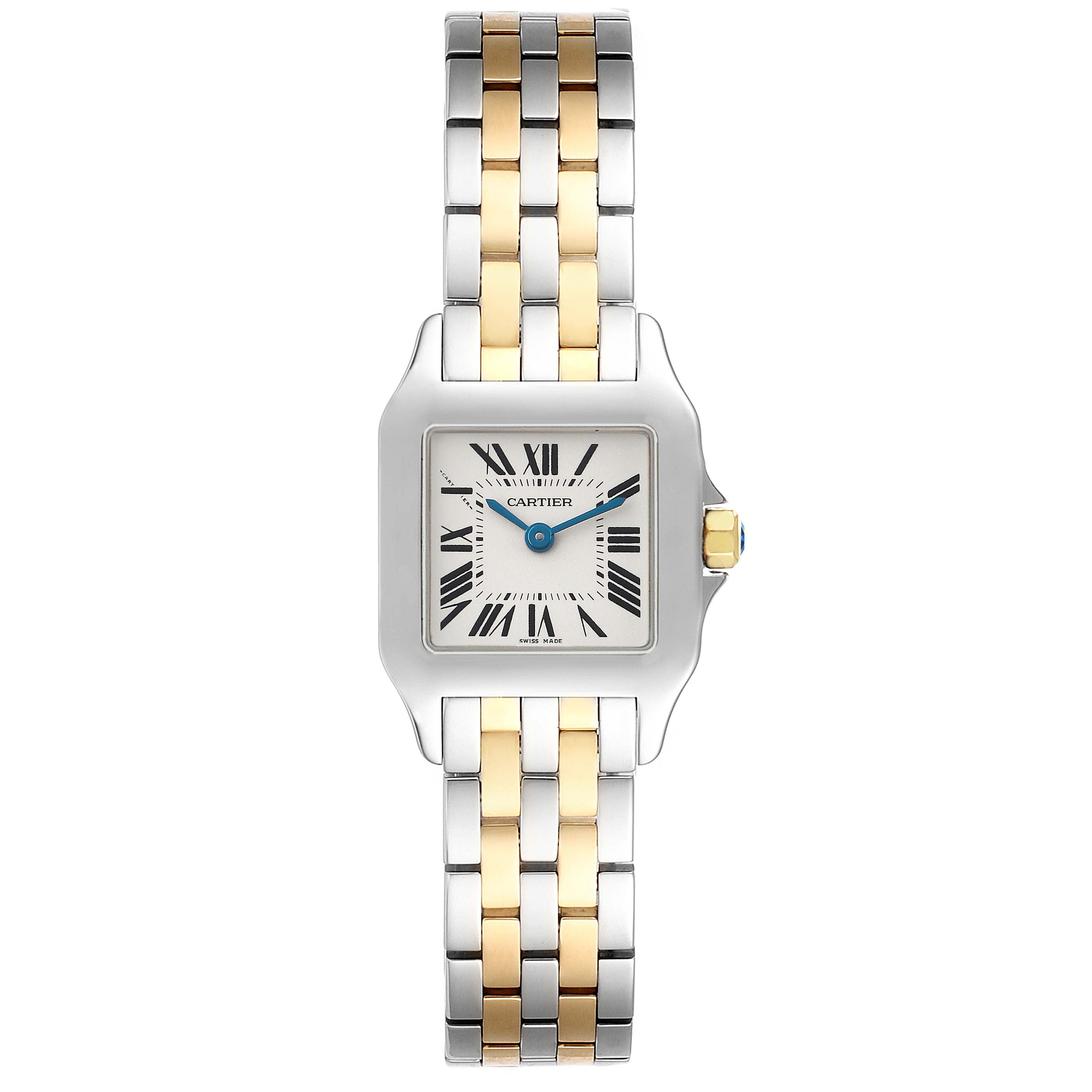 The Cartier Santos Demoiselle W25066Z6 Women's Steel and Gold (two tone) Silver Dial watch is shown from a front angle, highlighting its two-tone metal bracelet and square face with Roman numerals.