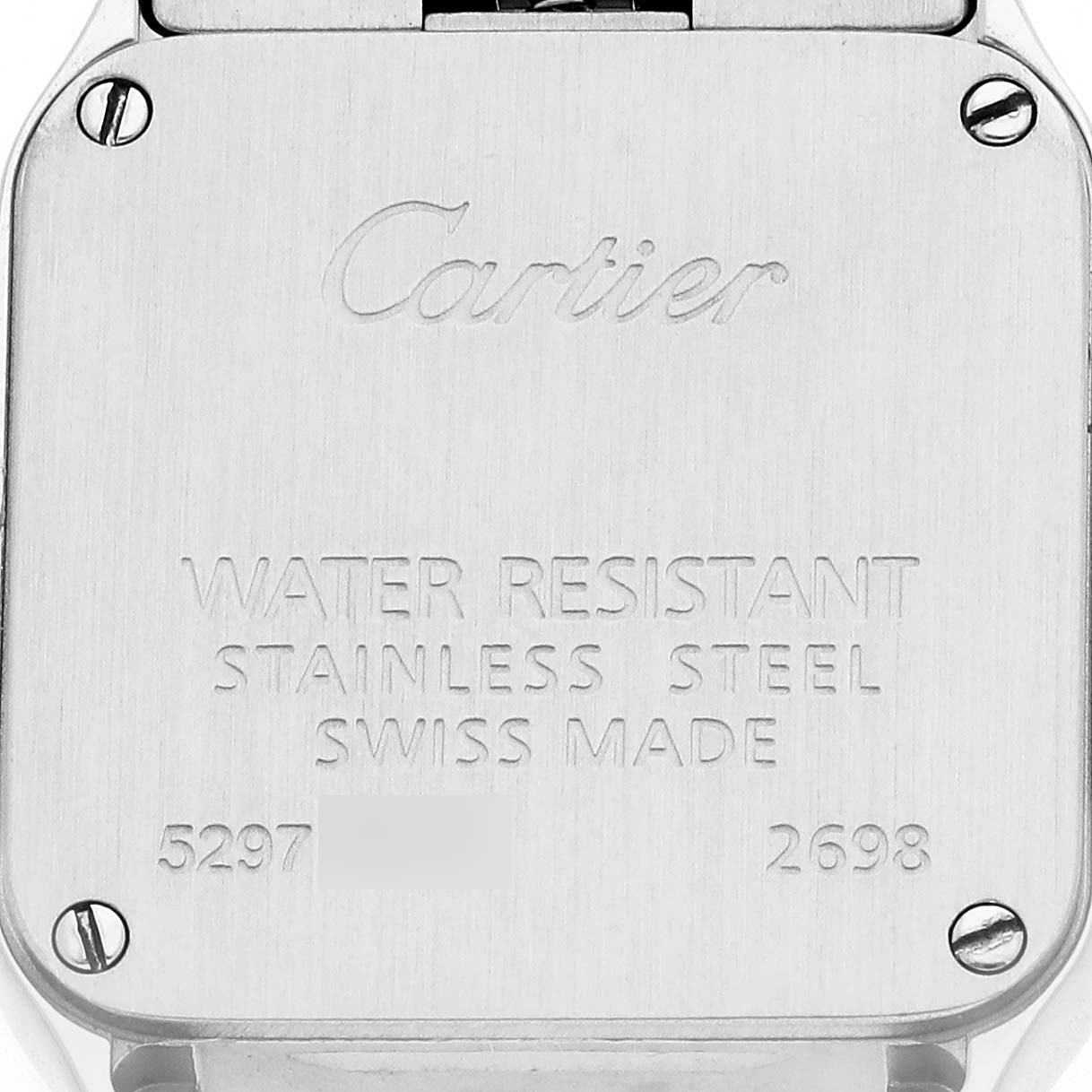 The image shows the back of the Cartier Santos Demoiselle W25066Z6 Women's Steel and Gold (two tone) Silver Dial watch, highlighting its stainless steel case and engraved details.