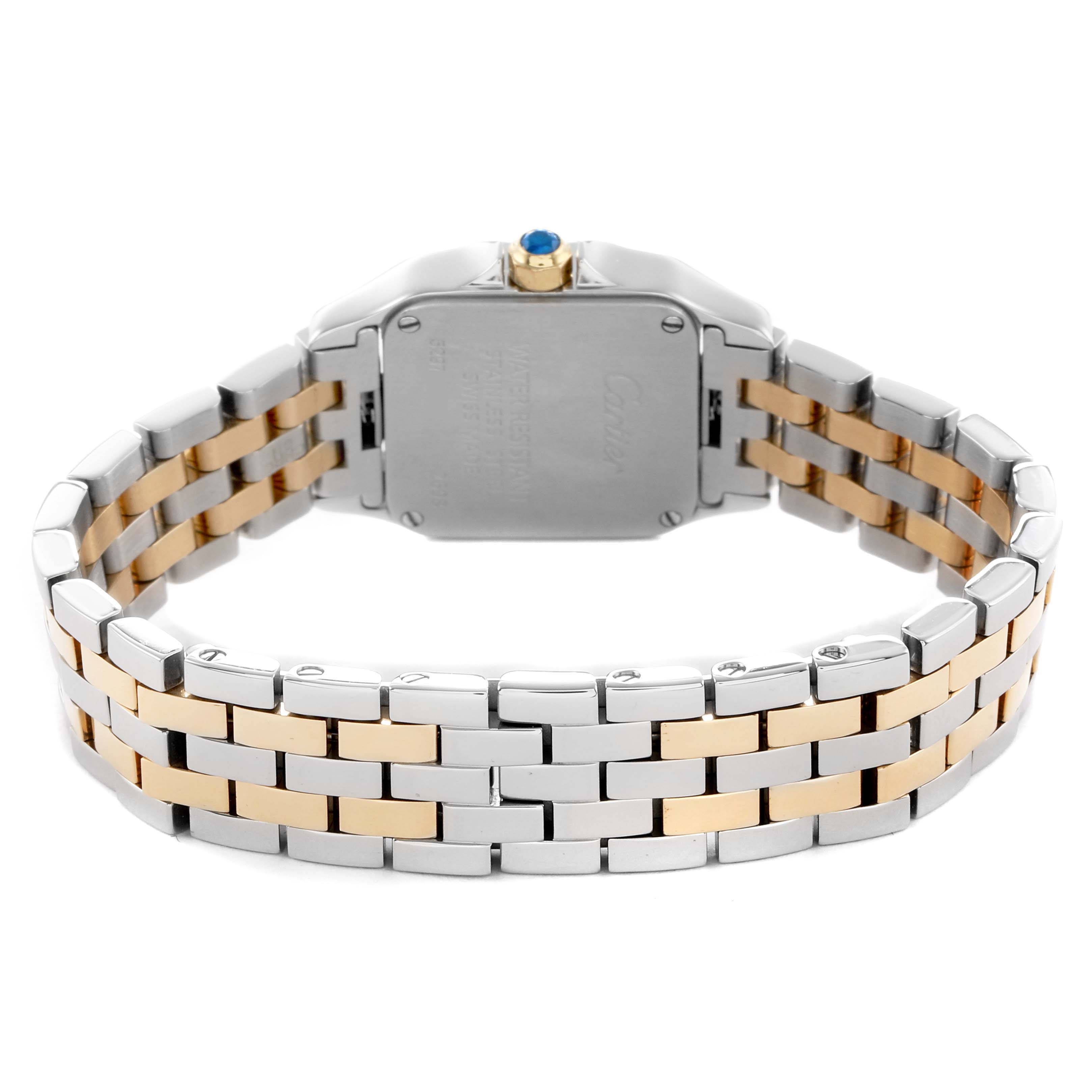 The image shows the back of a Cartier Santos Demoiselle W25066Z6 Women's Steel and Gold (two tone) Silver Dial watch, highlighting its two-tone bracelet and caseback.