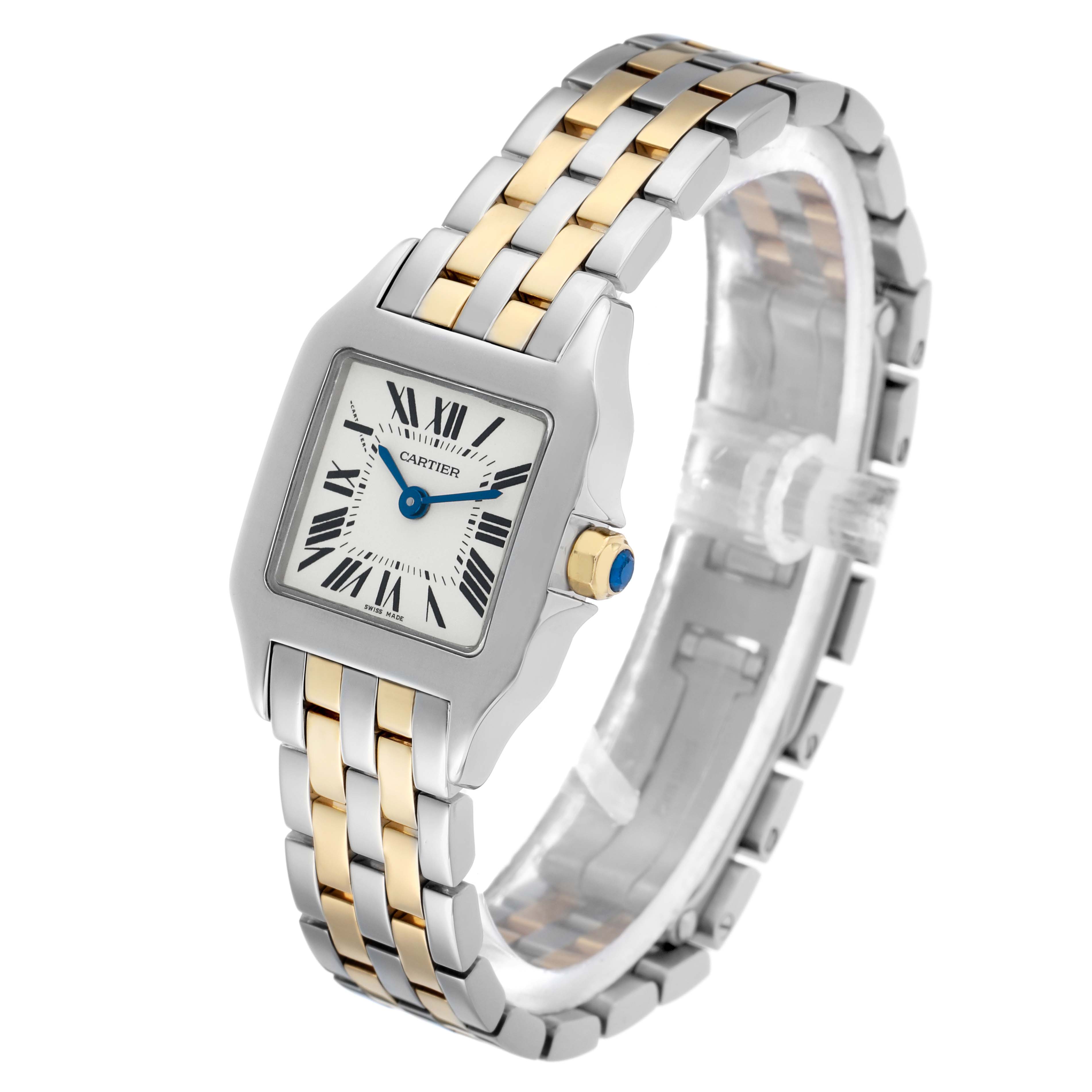 The Cartier Santos Demoiselle W25066Z6 Women's Steel and Gold (two tone) Silver Dial watch is shown at a three-quarter angle, displaying the face, bezel, crown, and bracelet.