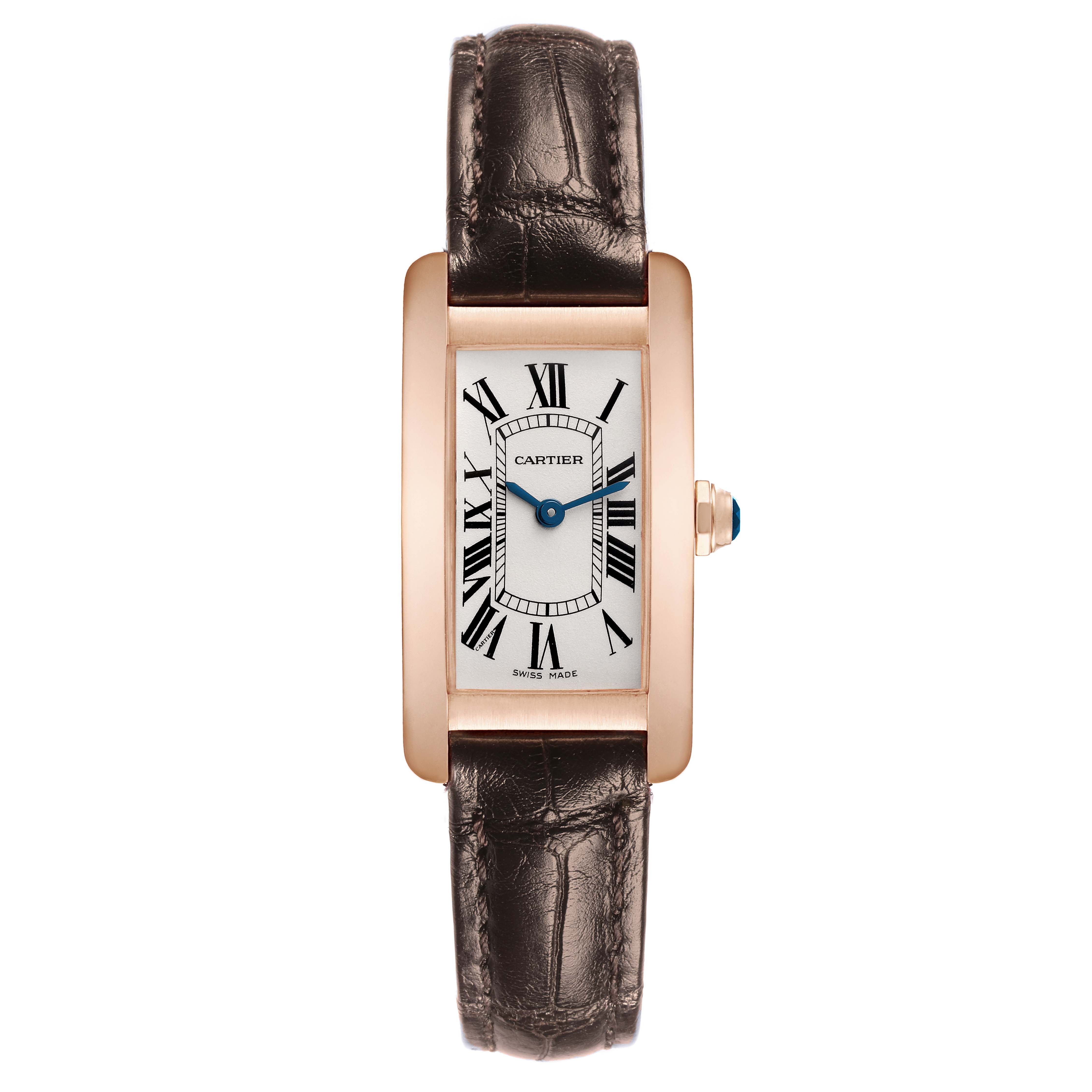 The Cartier Tank Américaine watch is shown from the front, displaying its rectangular face, Roman numerals, and leather strap.