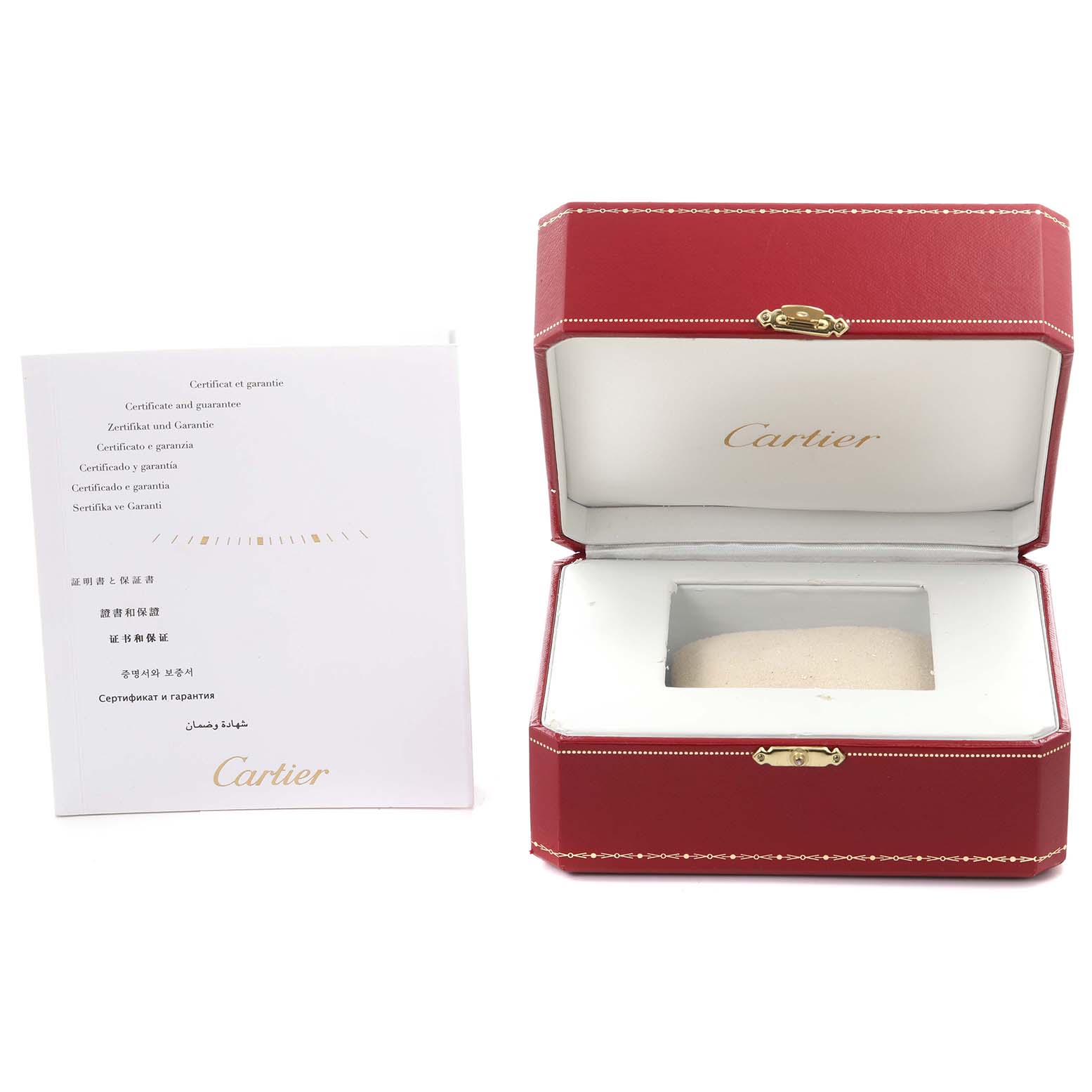 The image shows an open Cartier Tank Americaine W2607456 Women's Rose Gold Silver Dial W2607456 Women's Rose Gold Silver Dial watch box and a certificate placed beside it.