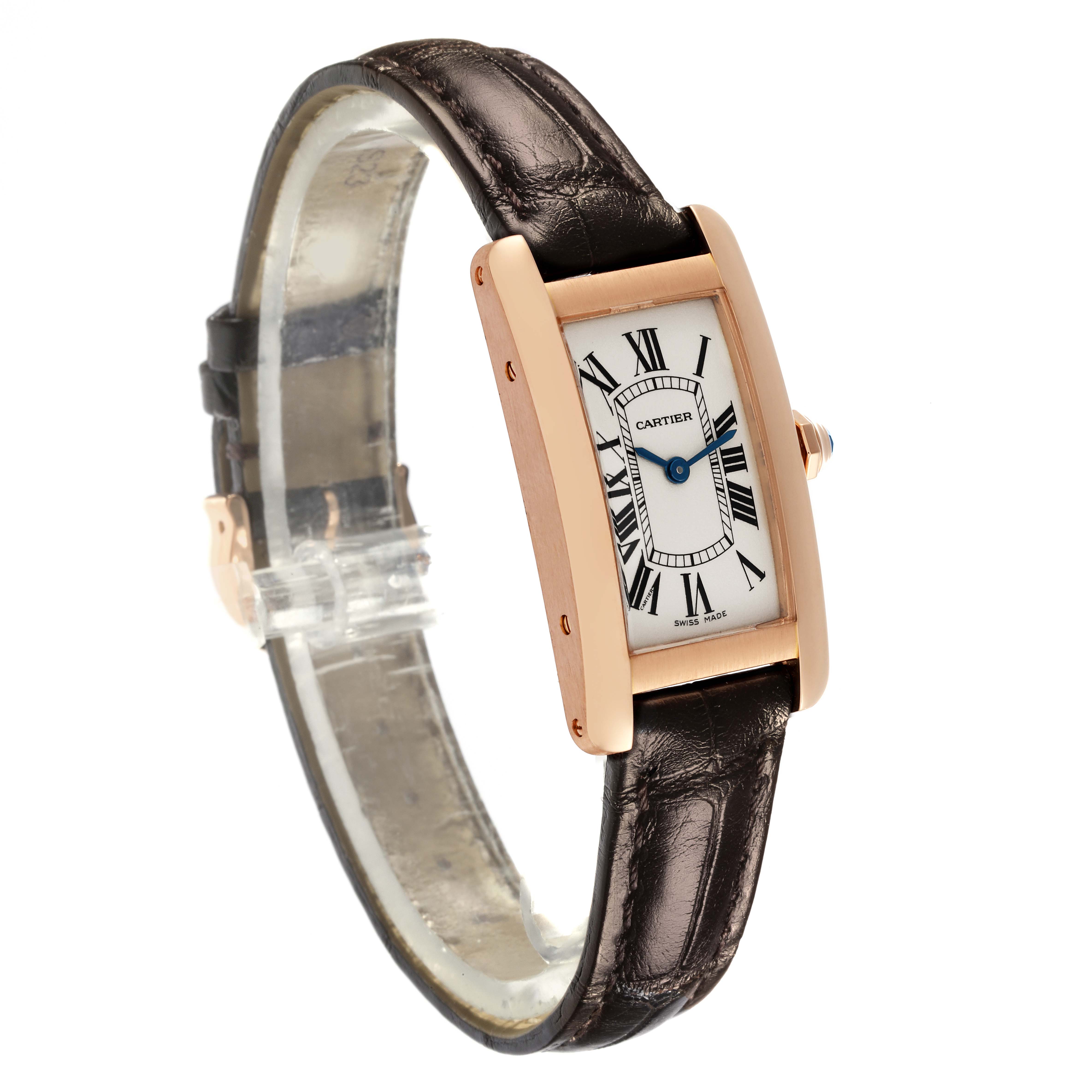 The Cartier Tank Americaine W2607456 Women's Rose Gold Silver Dial W2607456 Women's Rose Gold Silver Dial watch is shown at a side angle, highlighting the face, case, and leather strap.