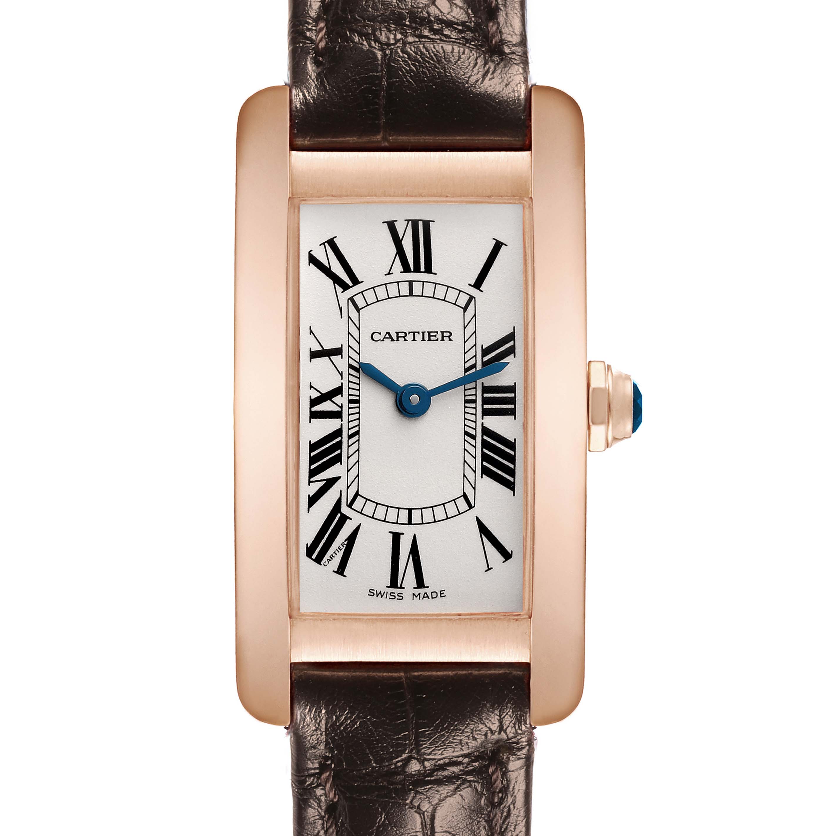 The Cartier Tank Americaine W2607456 Women's Rose Gold Silver Dial W2607456 Women's Rose Gold Silver Dial watch is shown from the front, highlighting its rectangular dial, Roman numerals, and leather strap.