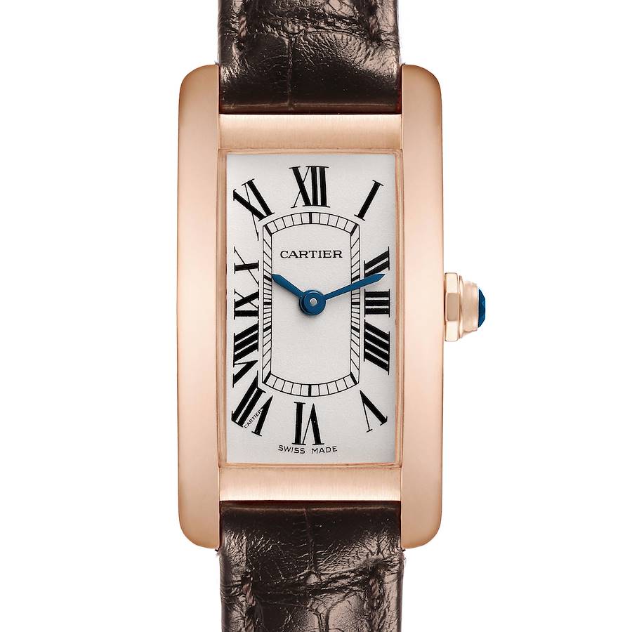 The Cartier Tank Americaine watch is shown from the front, highlighting its rectangular dial, Roman numerals, and leather strap.