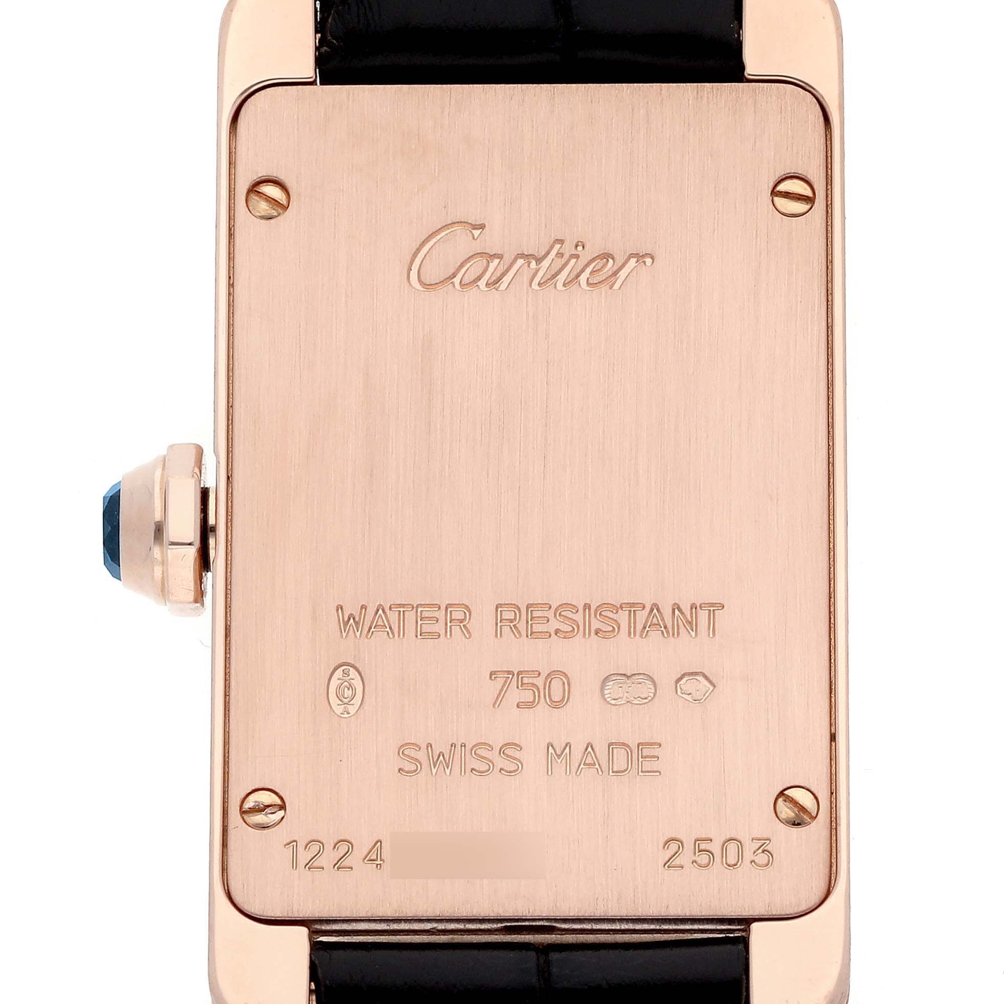 The image shows the back and side view of a Cartier Tank Americaine W2607456 Women's Rose Gold Silver Dial W2607456 Women's Rose Gold Silver Dial watch case, highlighting the engraved details and crown.