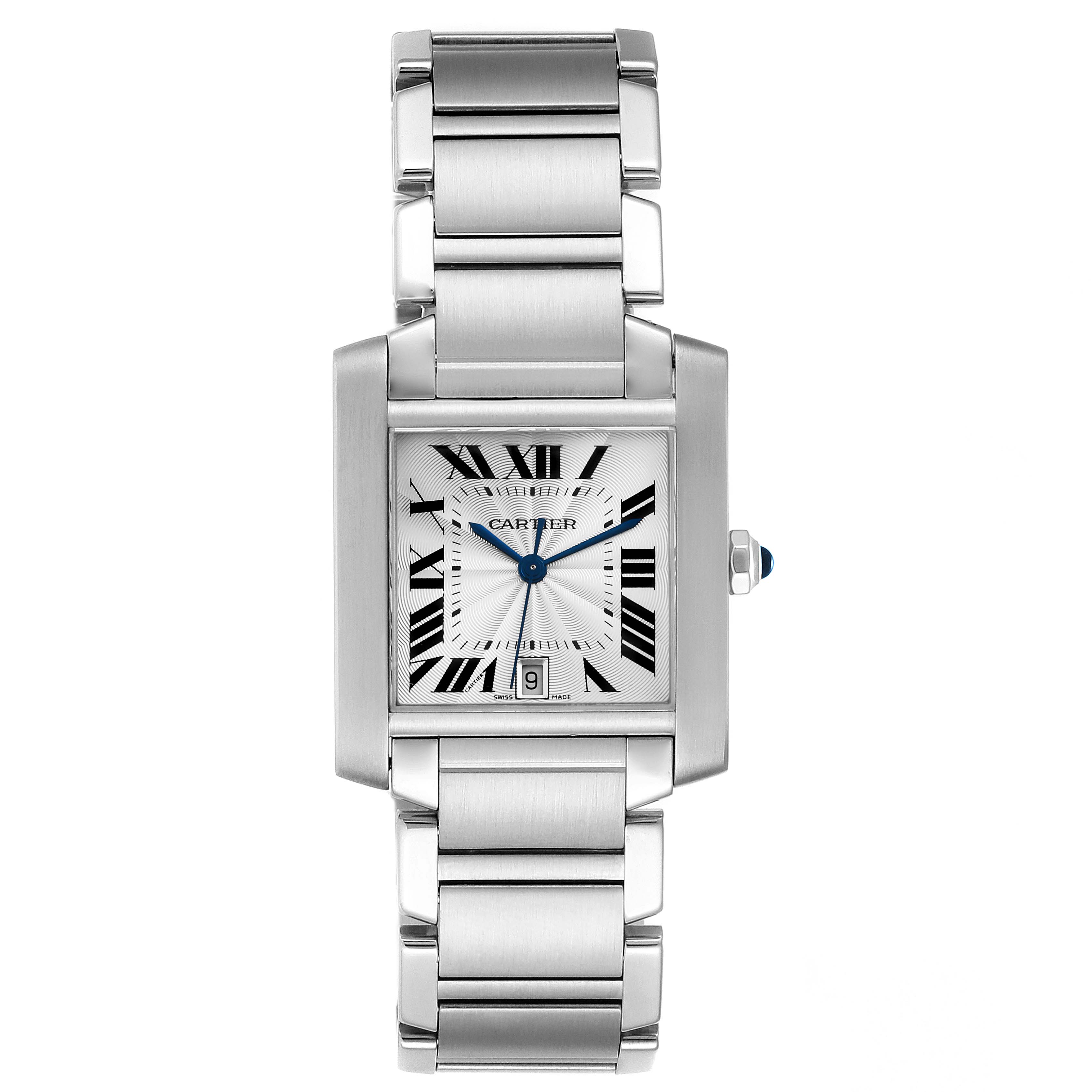 The image shows a Tank Française watch by Cartier, front view, displaying the face, bracelet, and crown.