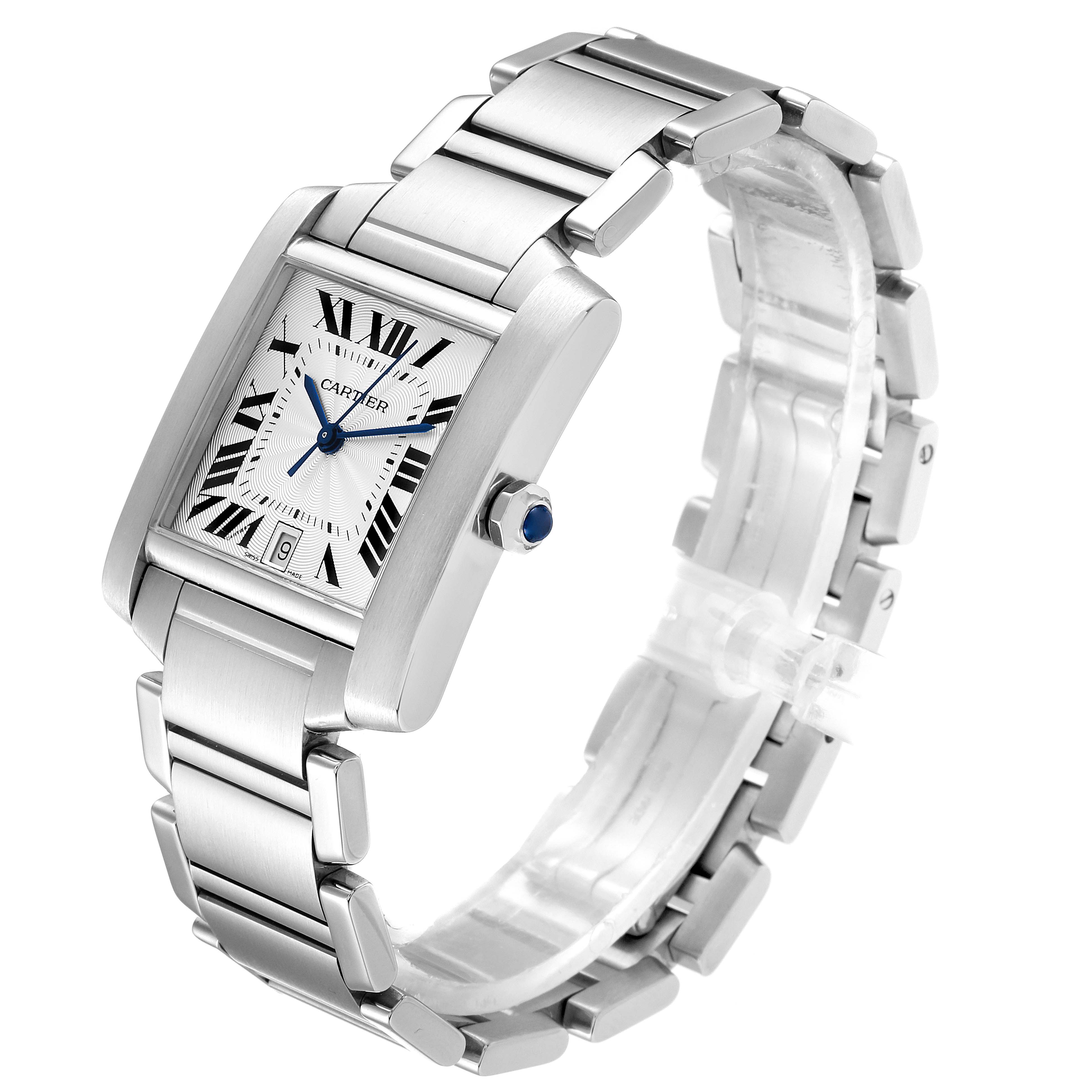 The image shows a Cartier Tank Francaise W51002Q3 Men's Stainless Steel Silver Dial W51002Q3 Men's Stainless Steel Silver Dial watch at a three-quarter angle, highlighting its bracelet and rectangular face with Roman numerals.